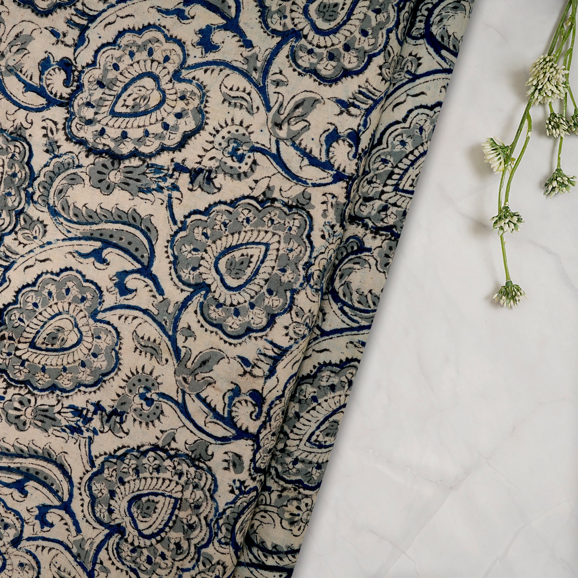 (Pre-Cut 1.00 Mtr)Blue-Grey Paisley Pattern Hand Block Kalamkari Printed Cotton Fabricprecuts&&2025
