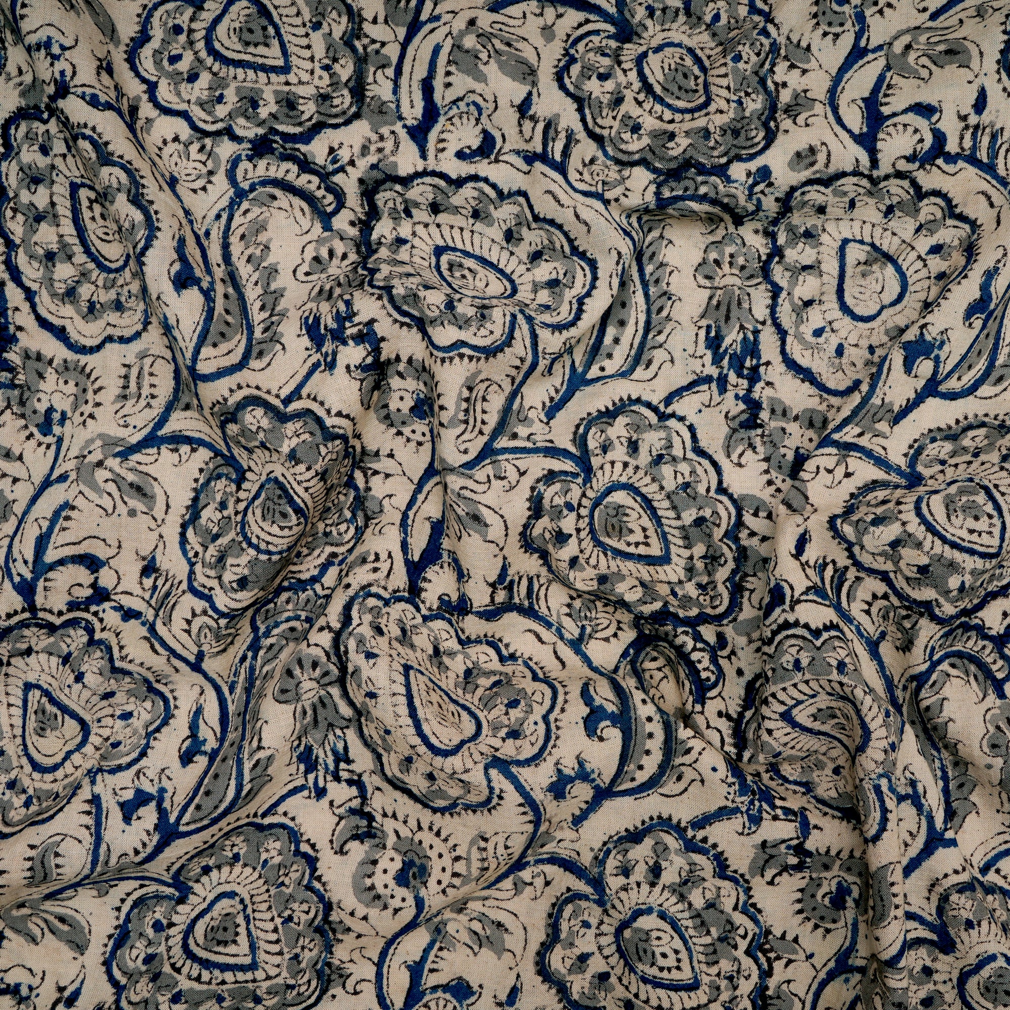 (Pre-Cut 1.00 Mtr)Blue-Grey Paisley Pattern Hand Block Kalamkari Printed Cotton Fabricprecuts&&2025