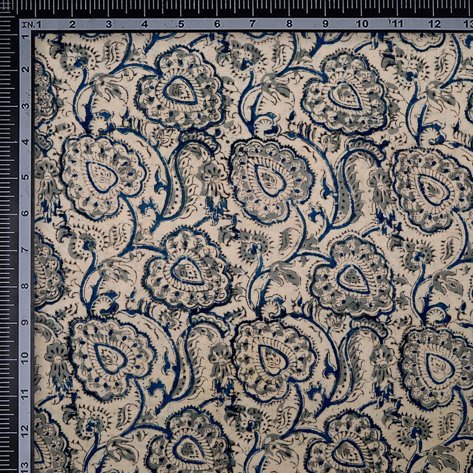 (Pre-Cut 1.00 Mtr)Blue-Grey Paisley Pattern Hand Block Kalamkari Printed Cotton Fabricprecuts&&2025