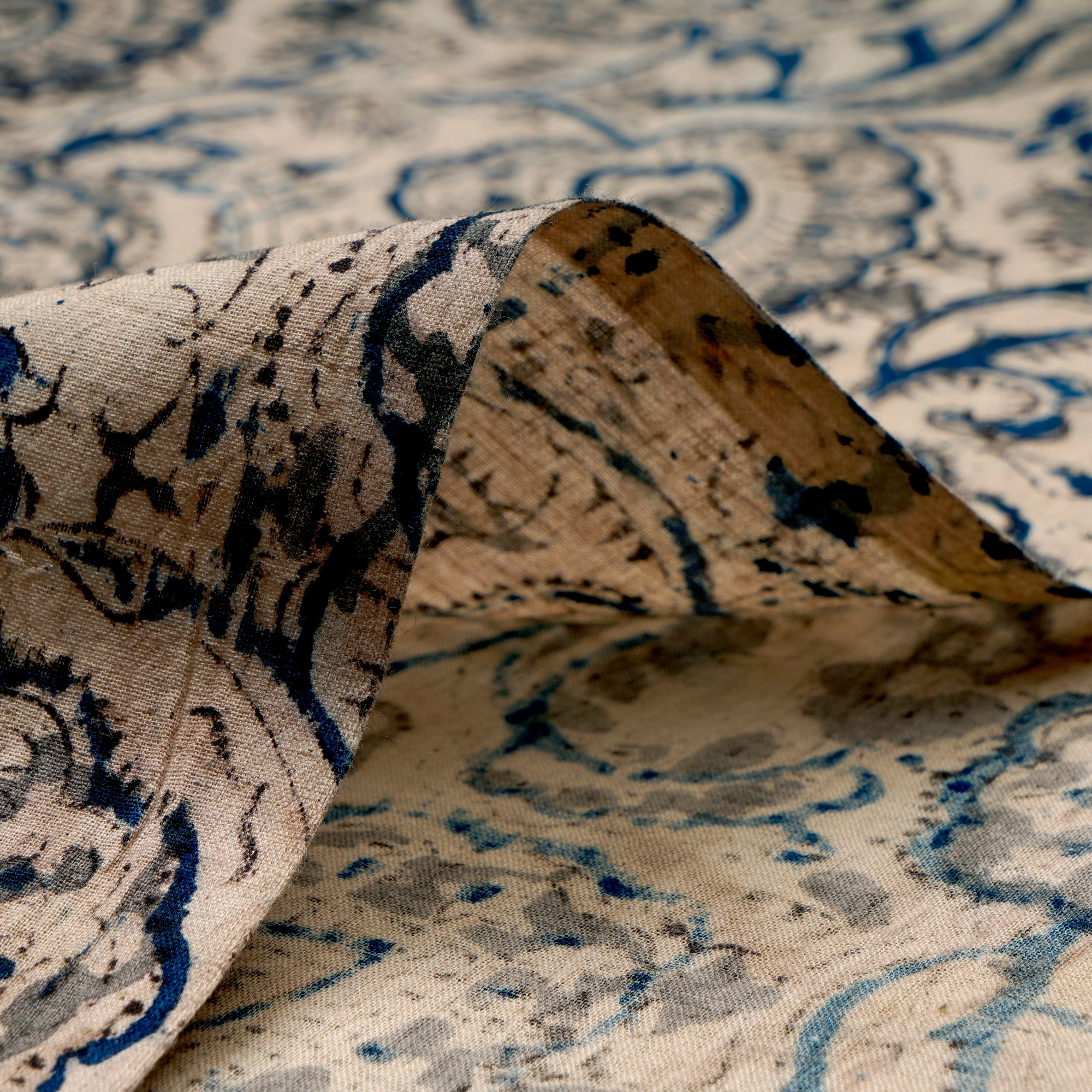 (Pre-Cut 1.00 Mtr)Blue-Grey Paisley Pattern Hand Block Kalamkari Printed Cotton Fabricprecuts&&2025