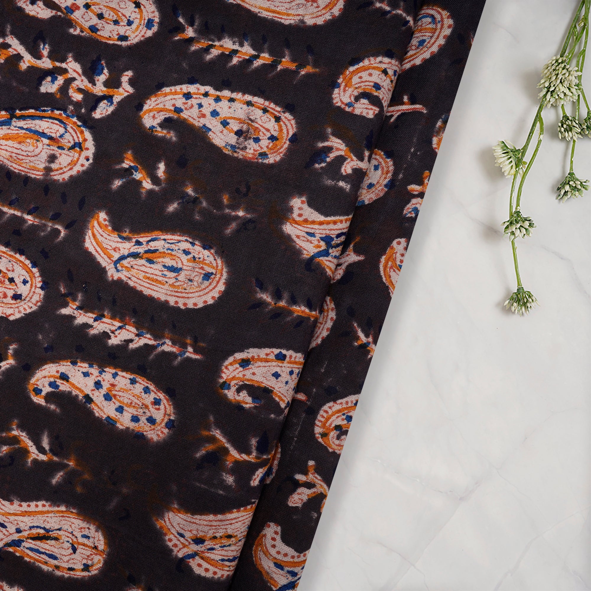 (Pre-Cut 1.10Mtr)Multi Color Paisley Pattern Hand Block Kalamkari Printed Cotton Fabric