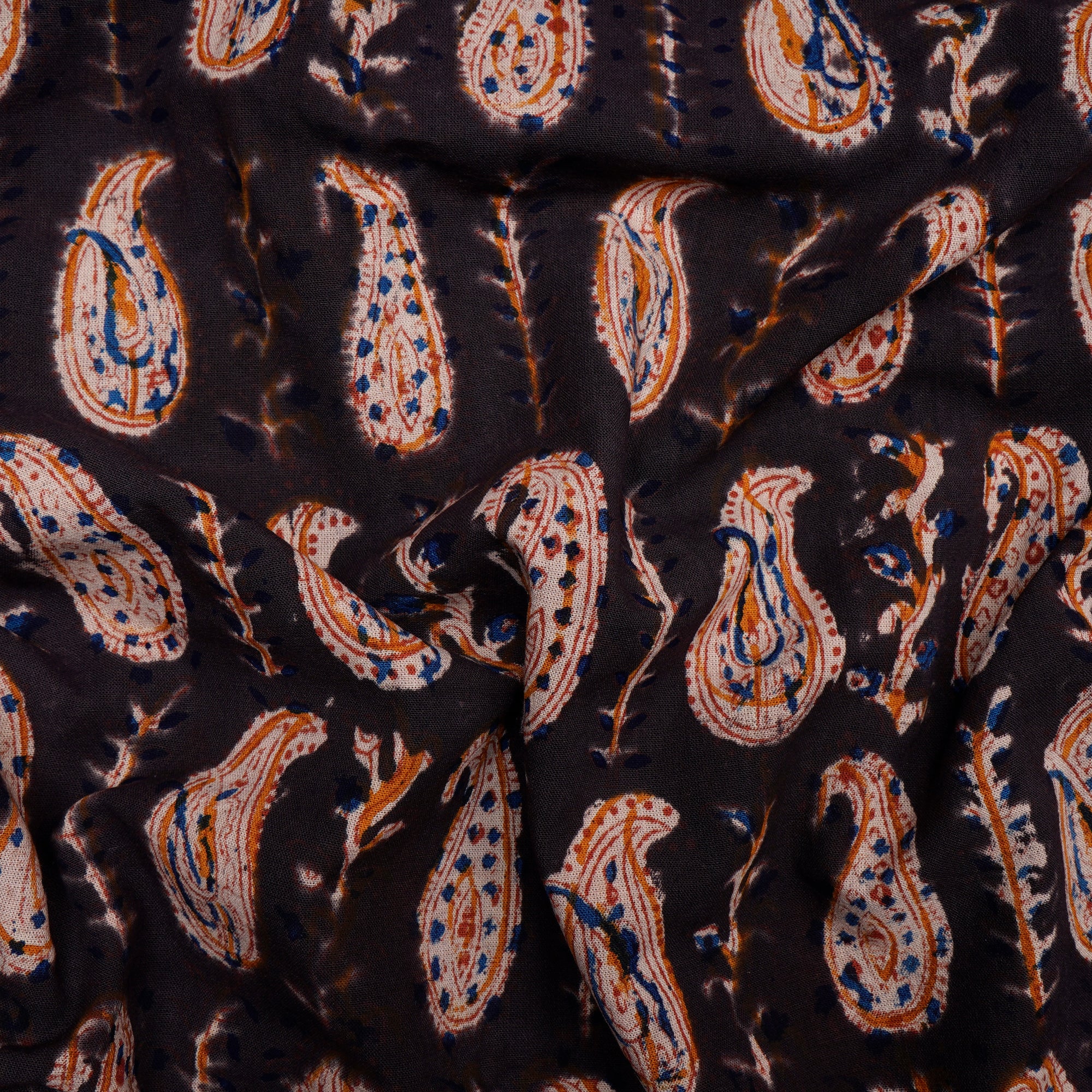 (Pre-Cut 1.10Mtr)Multi Color Paisley Pattern Hand Block Kalamkari Printed Cotton Fabric