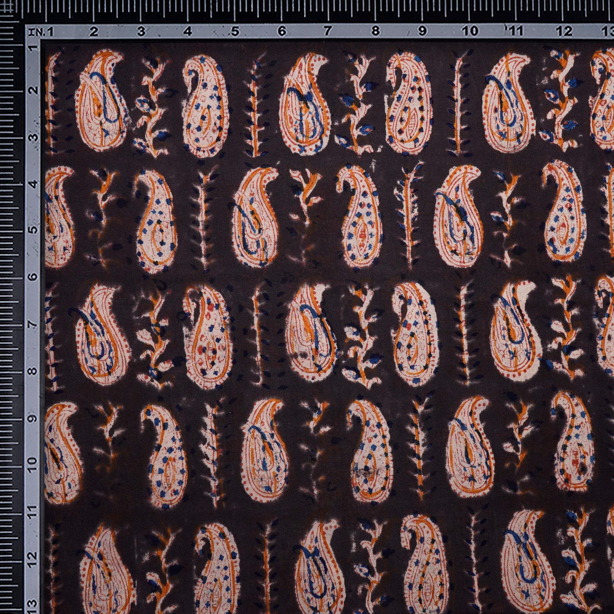 (Pre-Cut 1.10Mtr)Multi Color Paisley Pattern Hand Block Kalamkari Printed Cotton Fabric