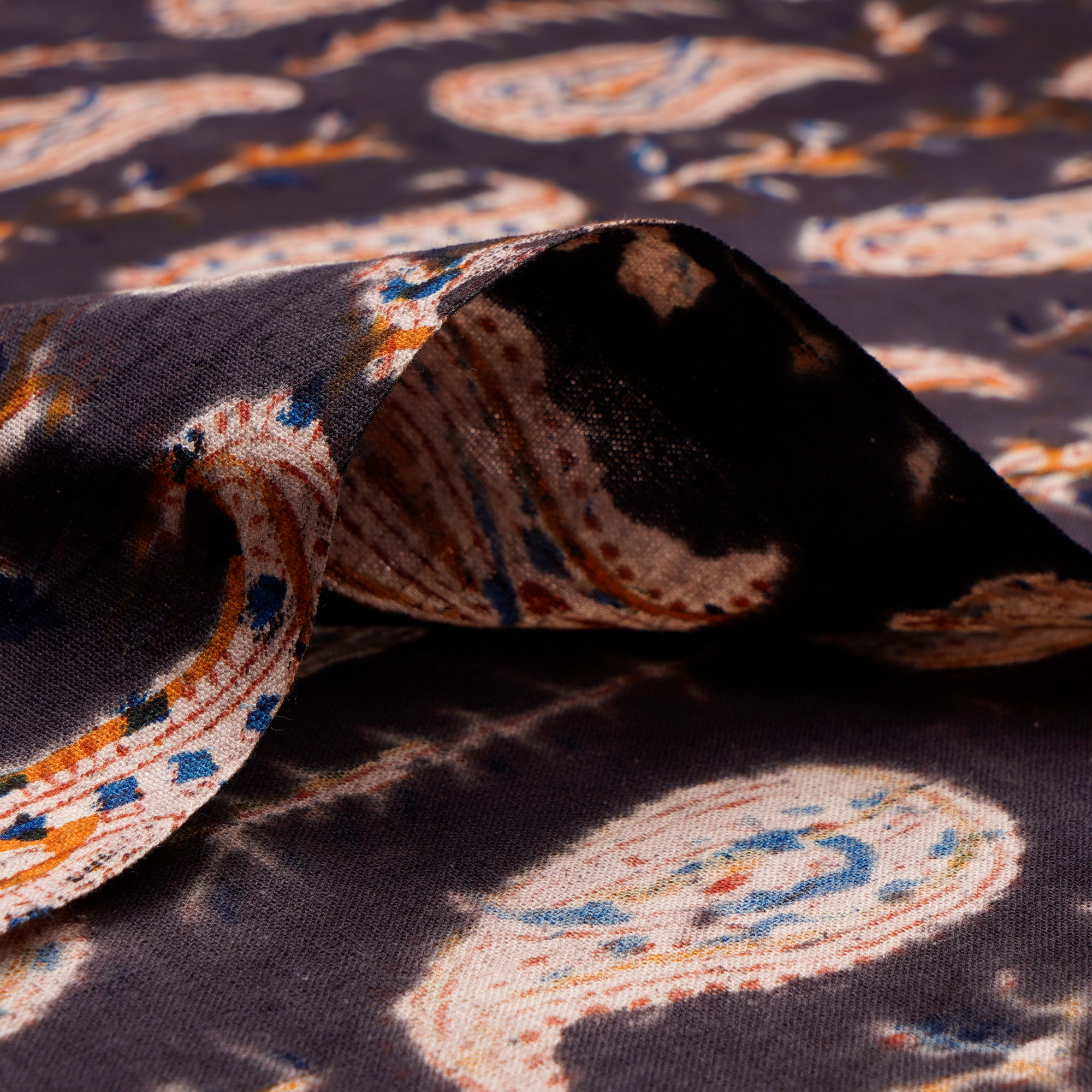 (Pre-Cut 1.10Mtr)Multi Color Paisley Pattern Hand Block Kalamkari Printed Cotton Fabric