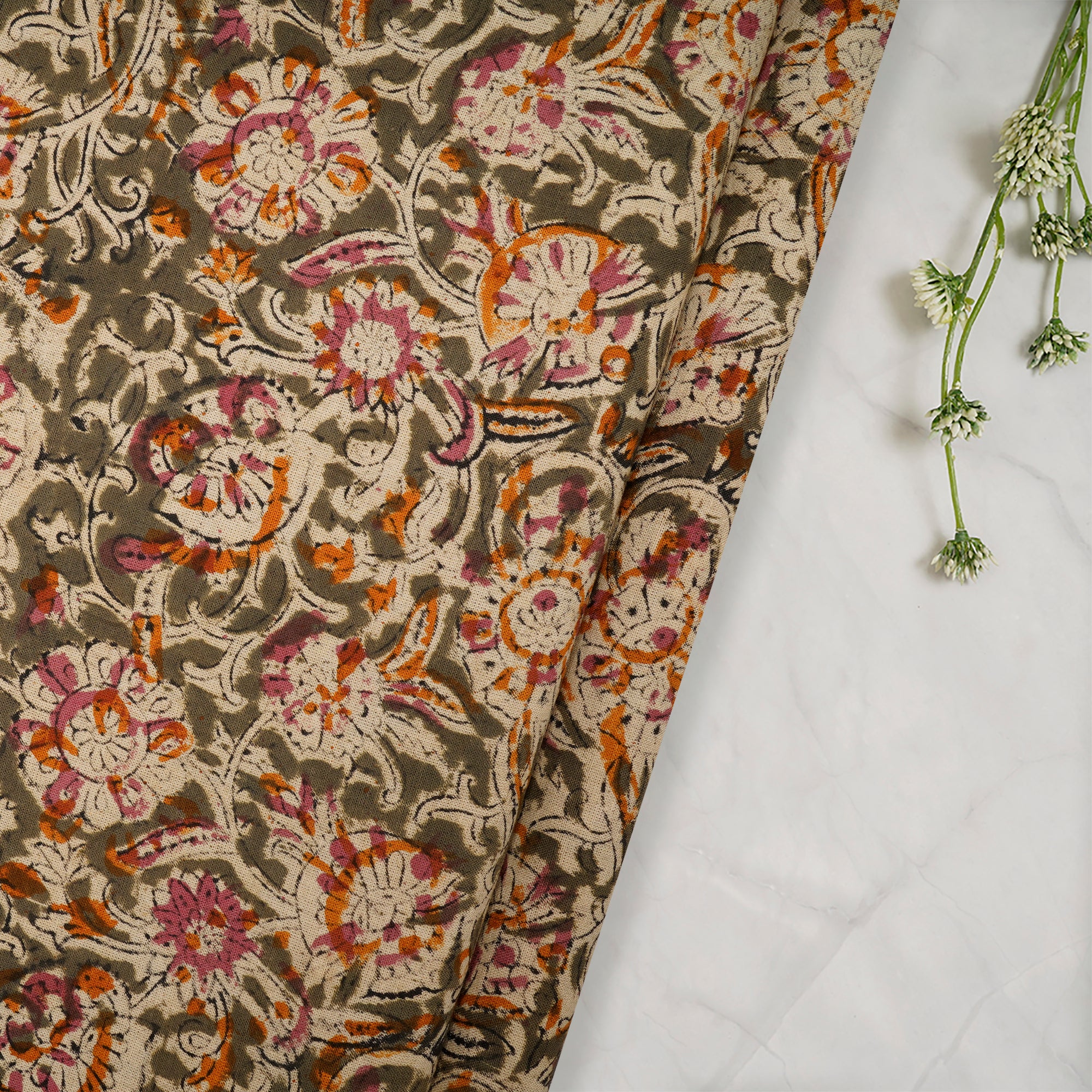 (Pre-Cut 1.40 Mtr)Multi Color Floral Pattern Hand Block Kalamkari Printed Cotton Fabric