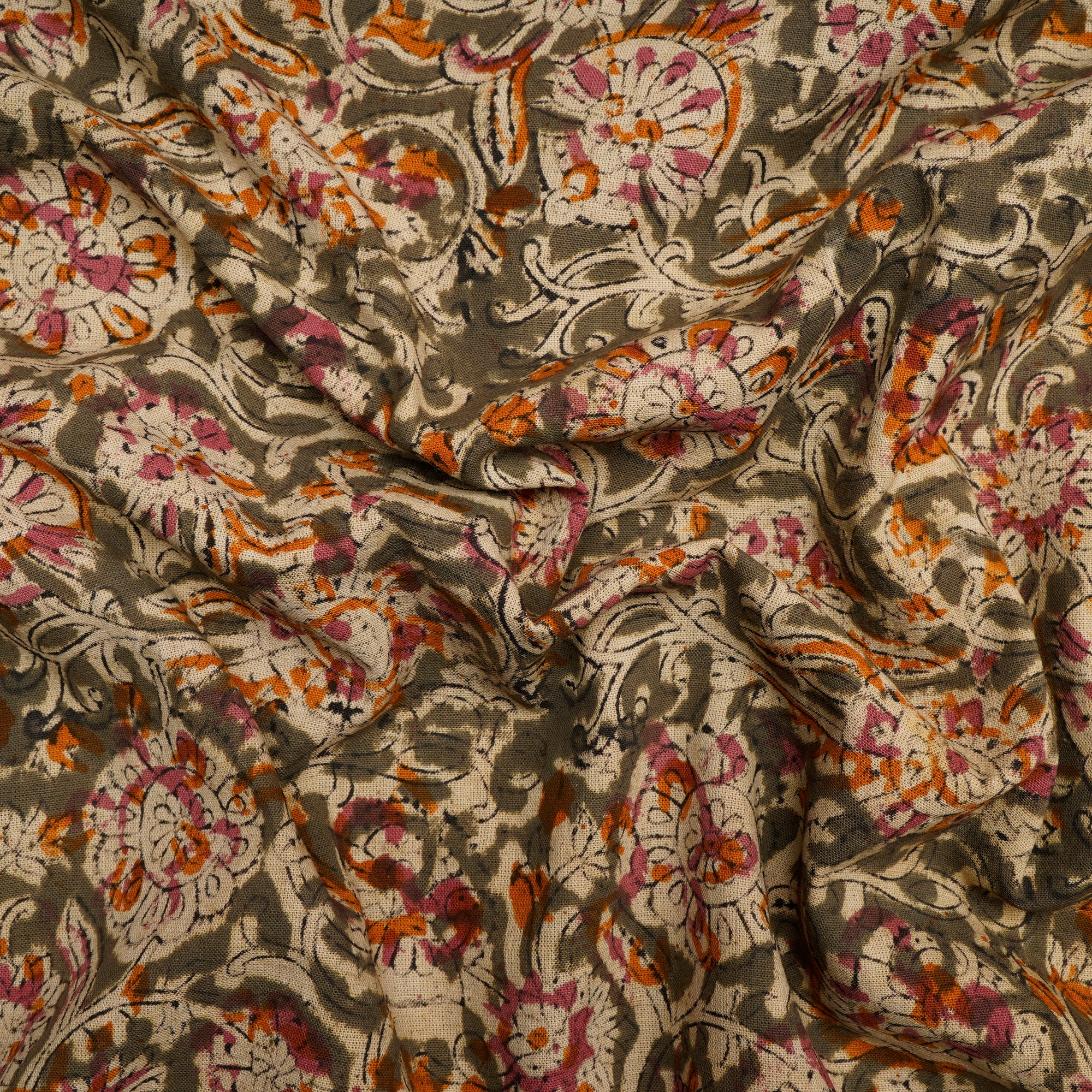 (Pre-Cut 1.40 Mtr)Multi Color Floral Pattern Hand Block Kalamkari Printed Cotton Fabric