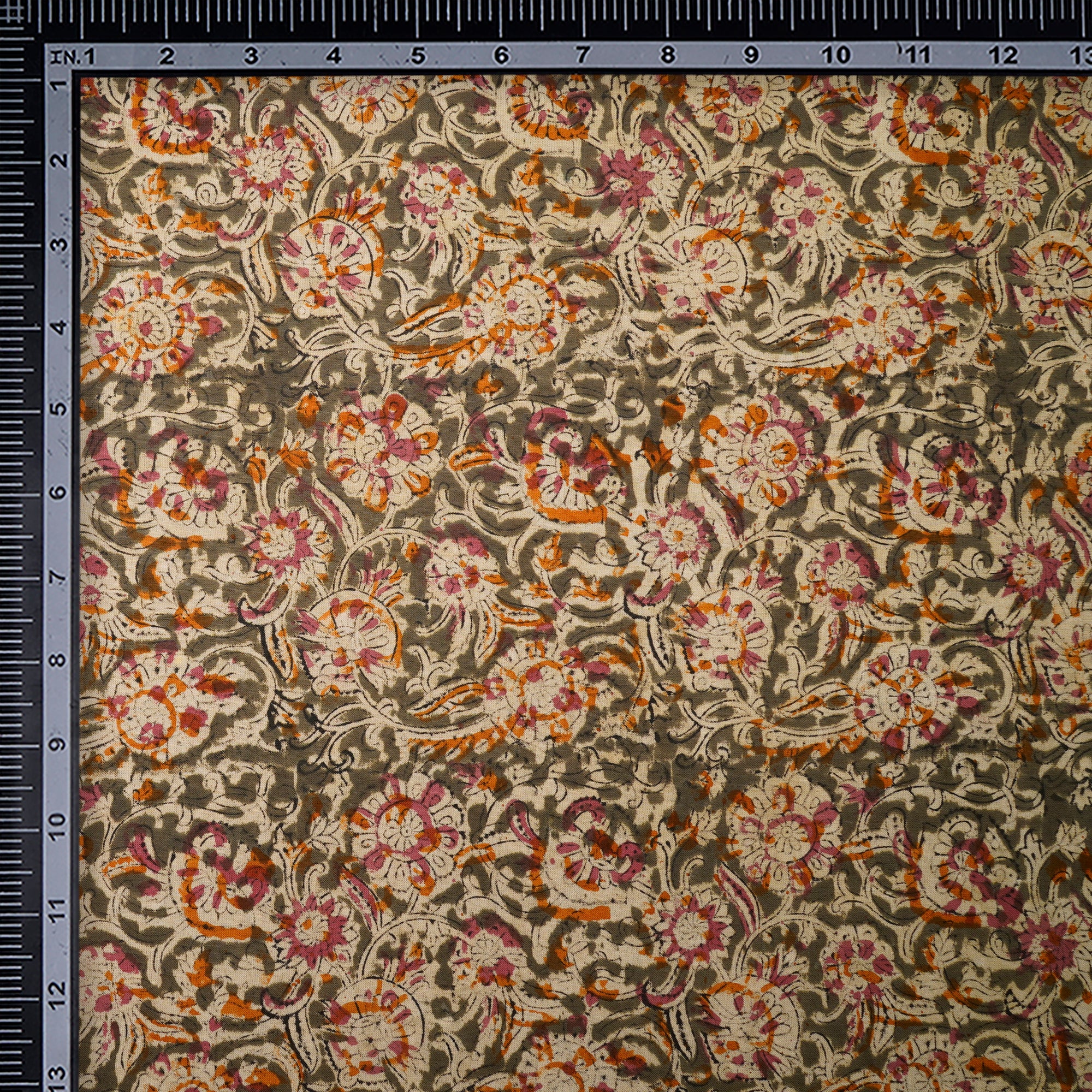 (Pre-Cut 1.40 Mtr)Multi Color Floral Pattern Hand Block Kalamkari Printed Cotton Fabric