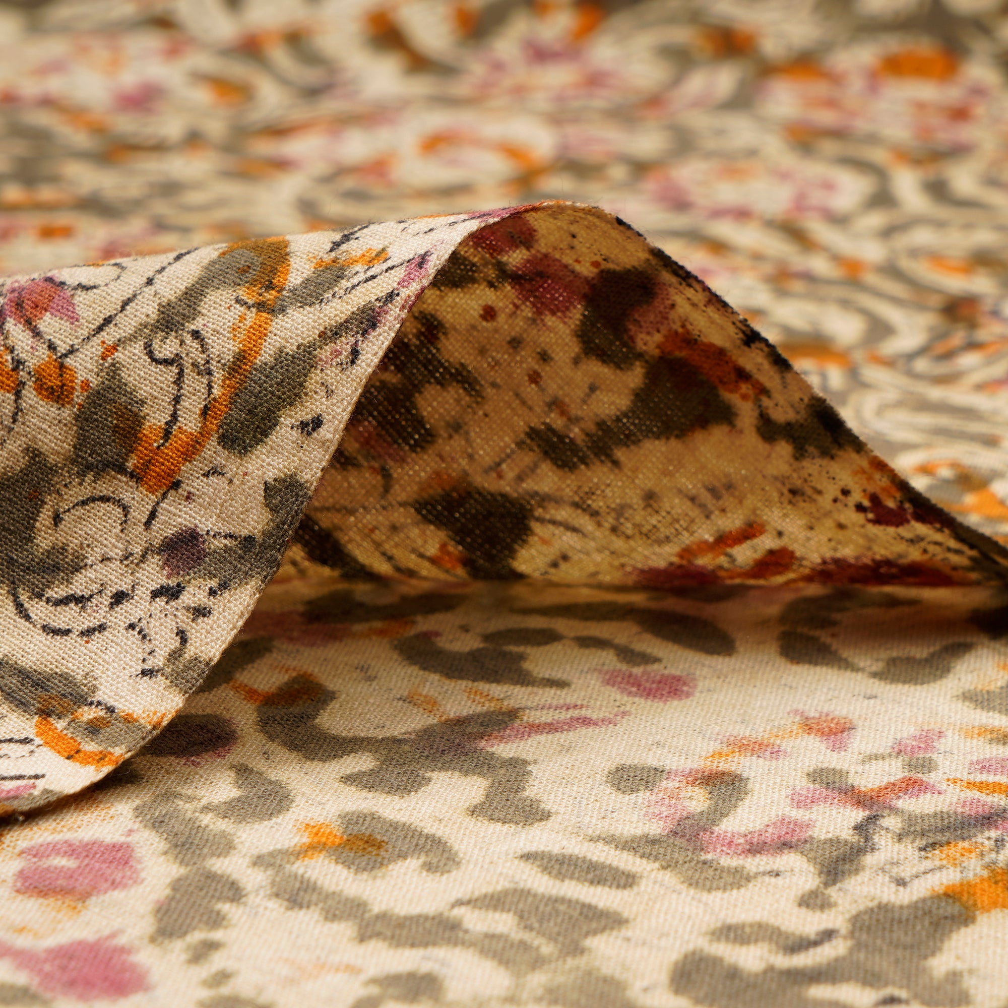 (Pre-Cut 1.40 Mtr)Multi Color Floral Pattern Hand Block Kalamkari Printed Cotton Fabric