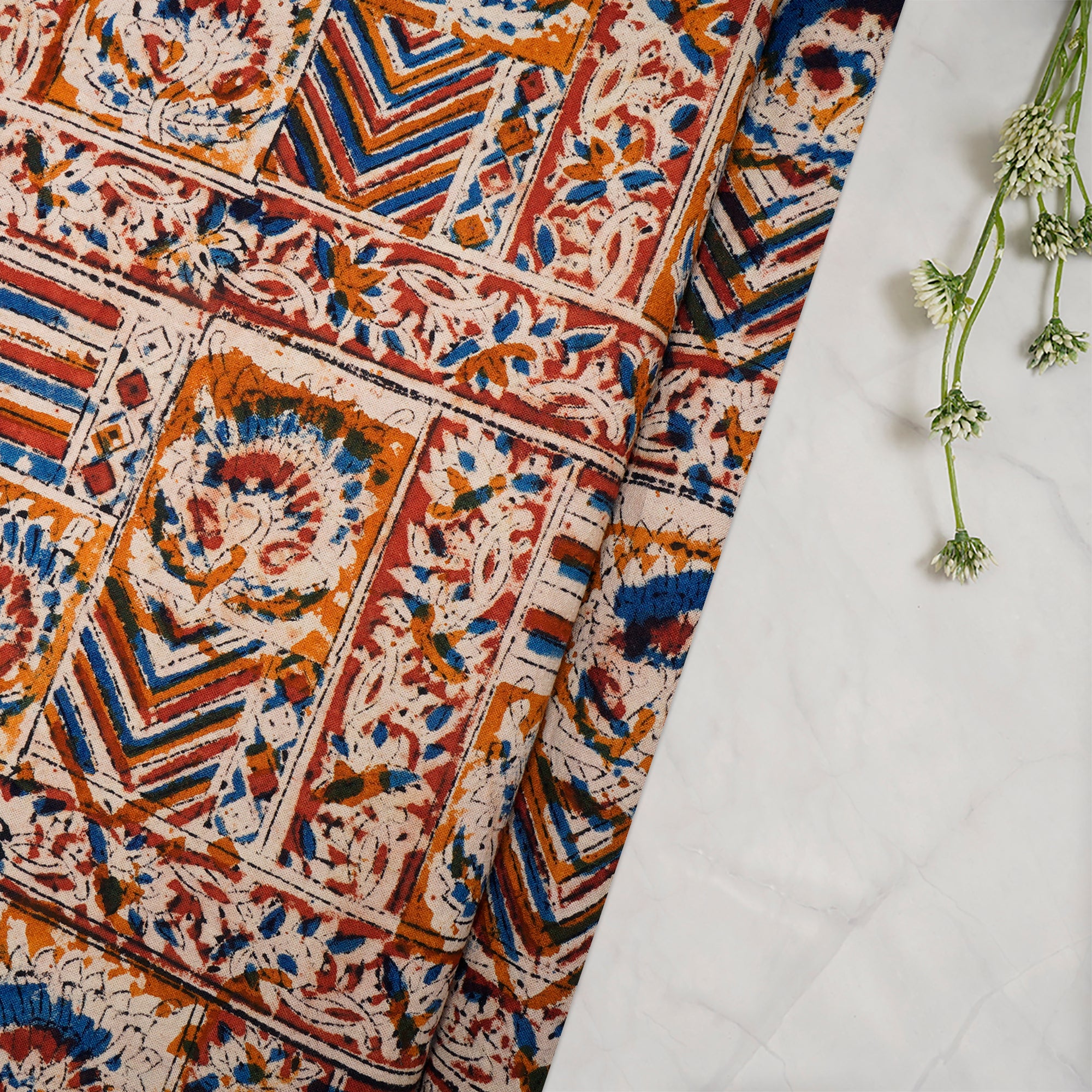 (Pre-Cut 1.90Mtr)Multi Color Traditional Pattern Hand Block Kalamkari Printed Cotton Fabric