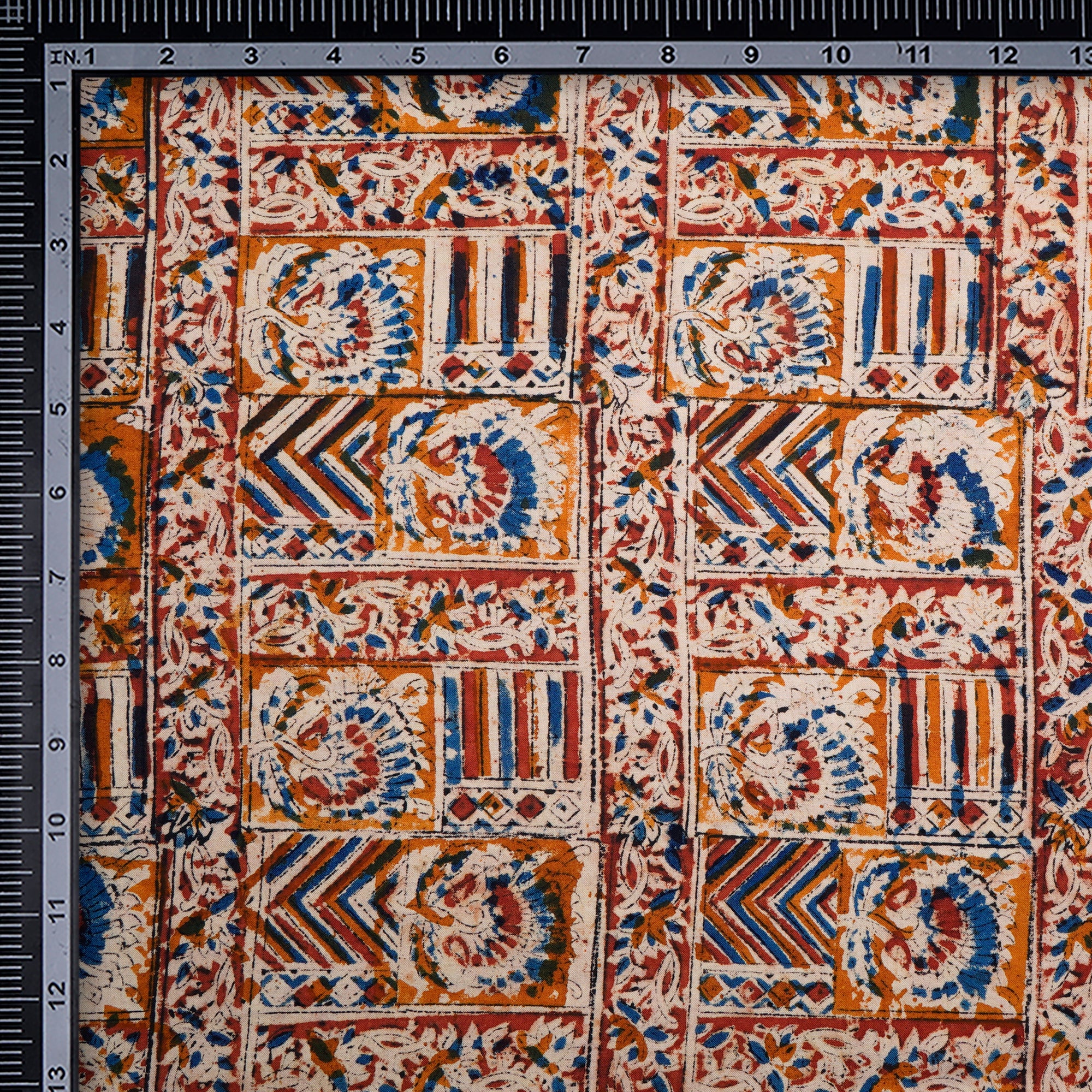 (Pre-Cut 1.90Mtr)Multi Color Traditional Pattern Hand Block Kalamkari Printed Cotton Fabric