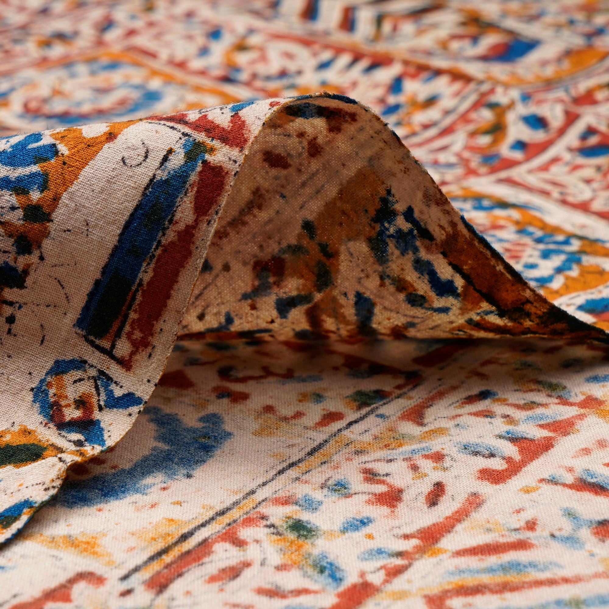 (Pre-Cut 1.90Mtr)Multi Color Traditional Pattern Hand Block Kalamkari Printed Cotton Fabric