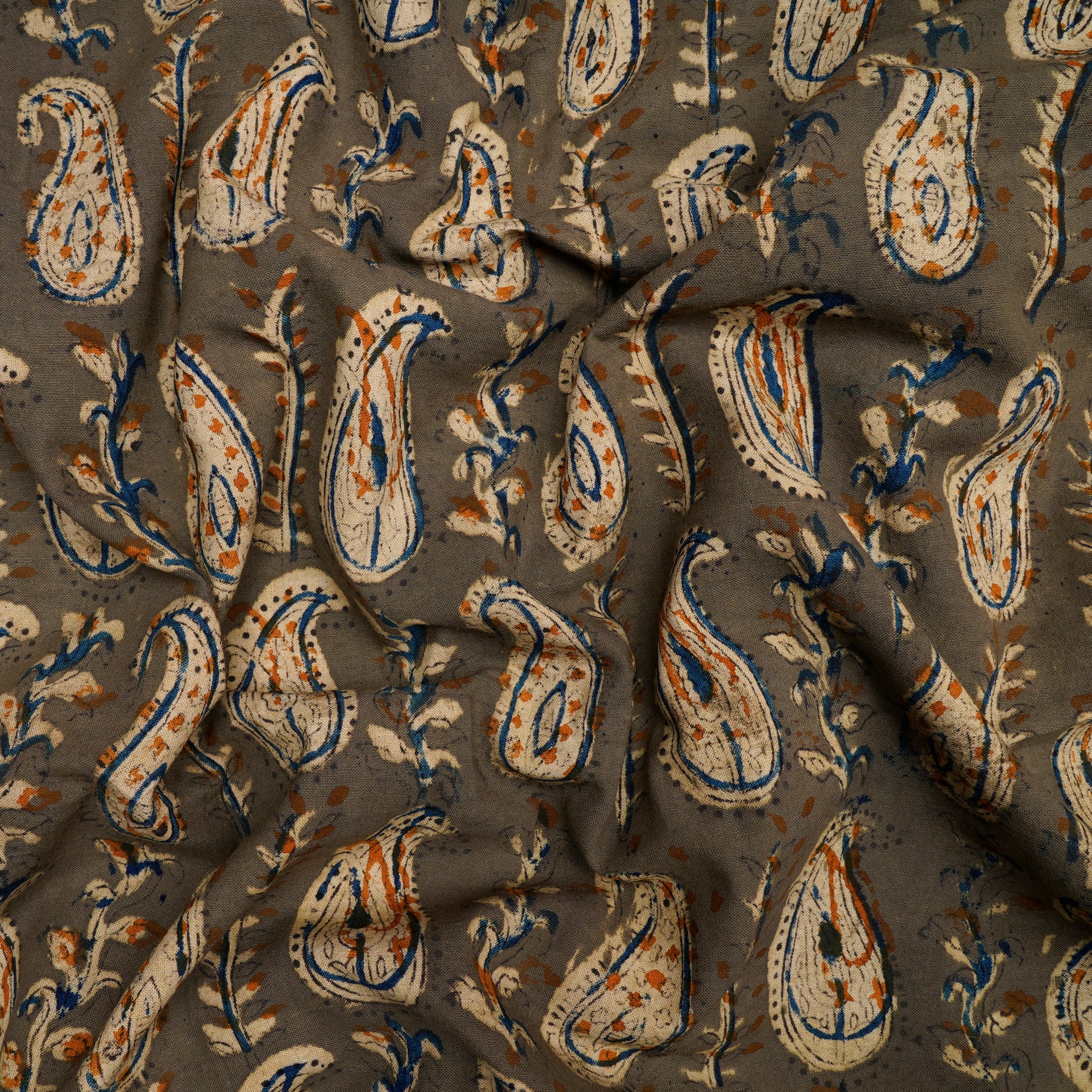 (Pre-Cut 2.00 Mtr)Multi Color Paisley Pattern Hand Block Kalamkari Printed Cotton Fabric