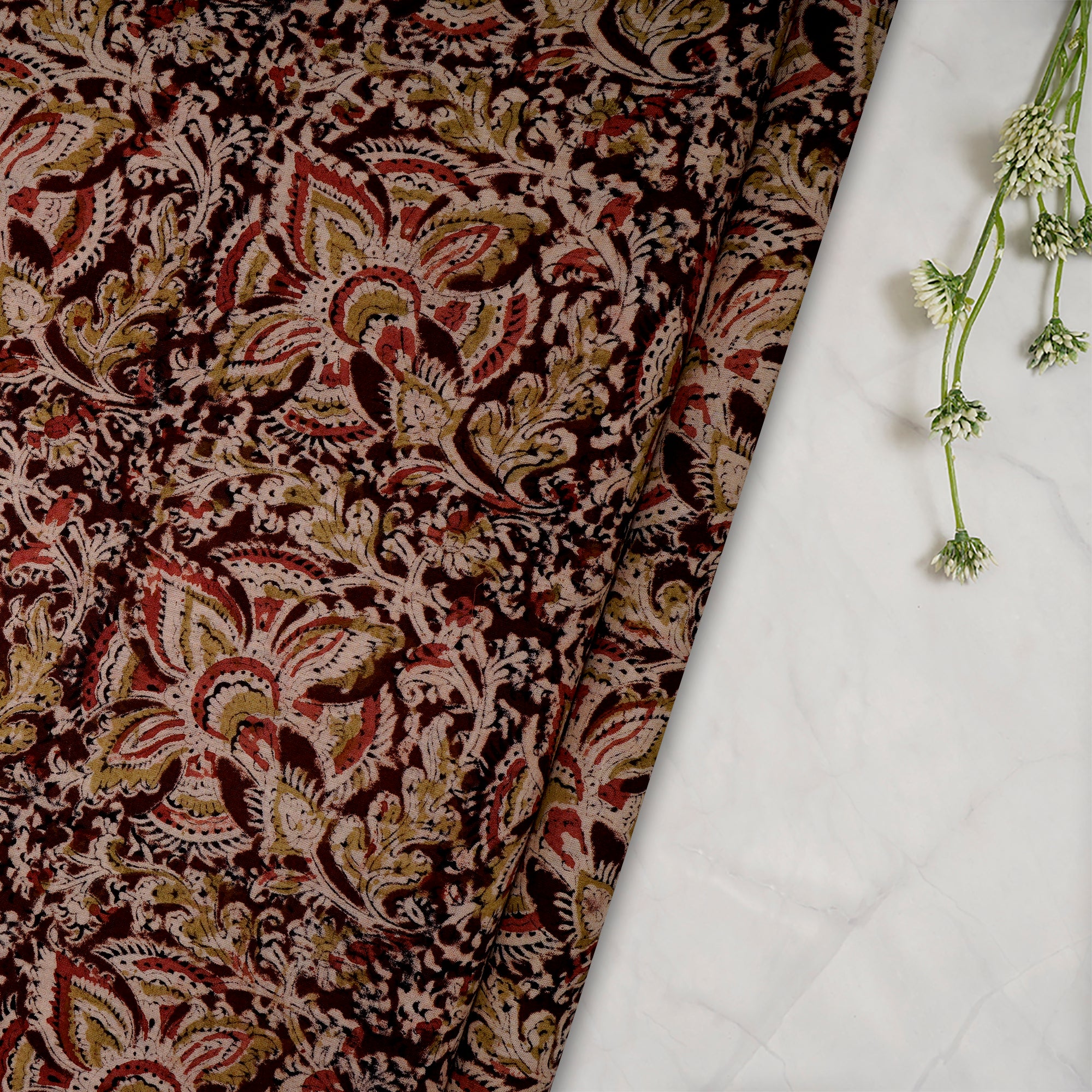 (Pre-Cut 2.20Mtr)Multi Floral Pattern Hand Block Kalamkari Printed Cotton Fabric