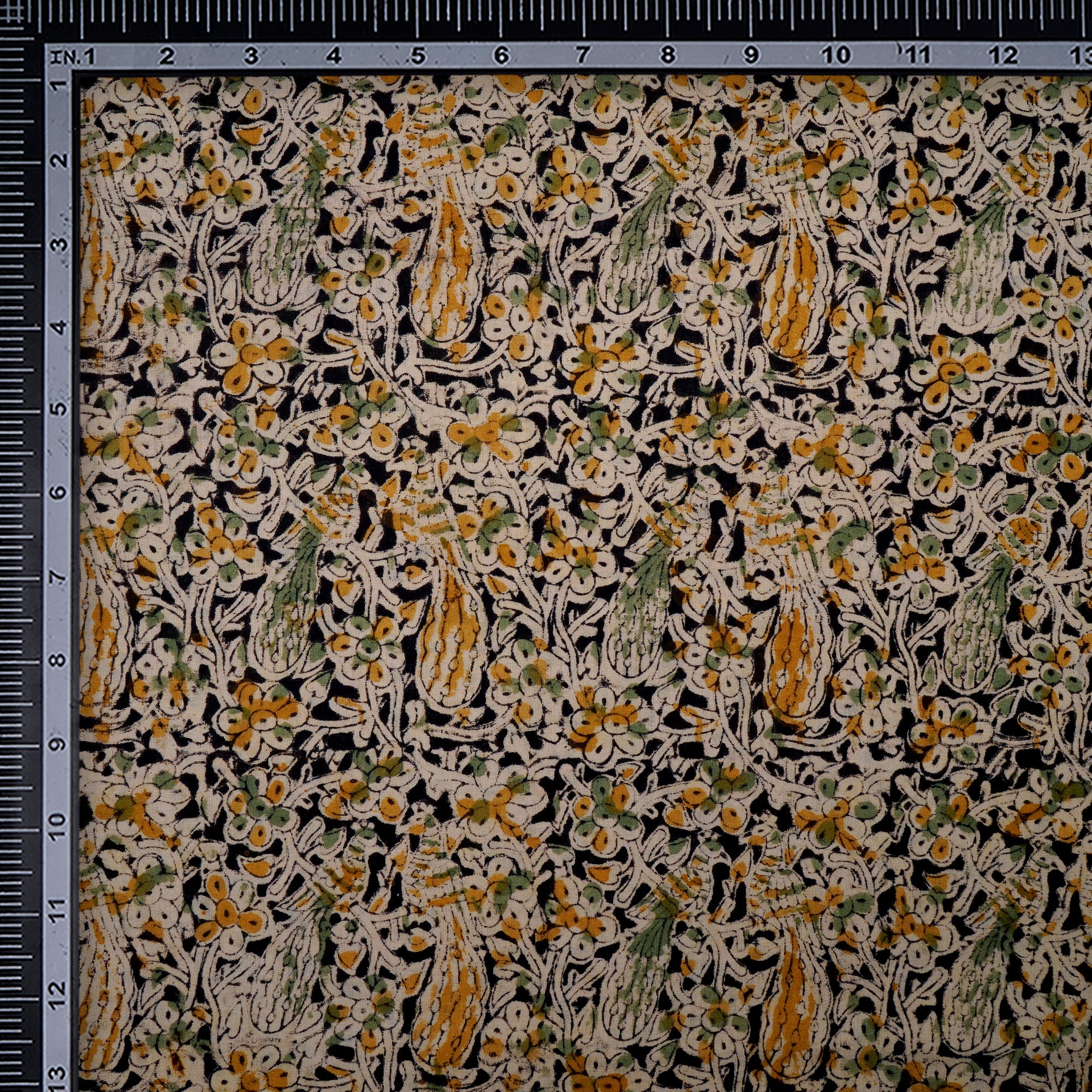 (Pre-Cut 2.45 Mtr)Multi Color Floral Pattern Hand Block Kalamkari Printed Cotton Fabric