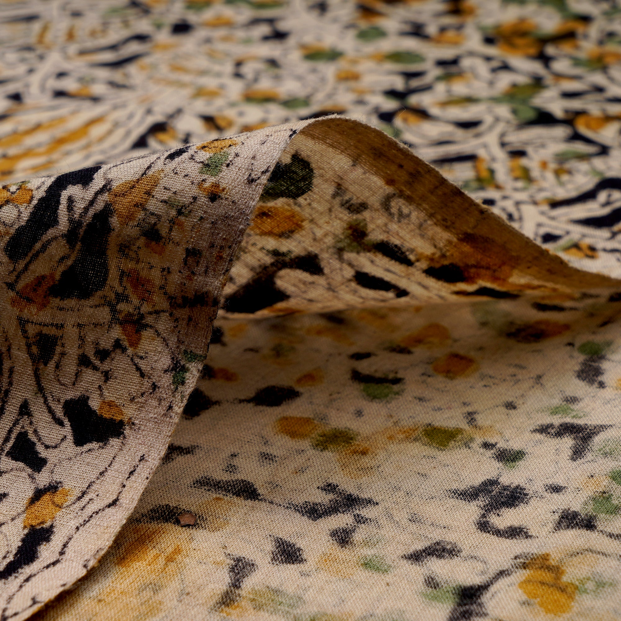 (Pre-Cut 2.45 Mtr)Multi Color Floral Pattern Hand Block Kalamkari Printed Cotton Fabric