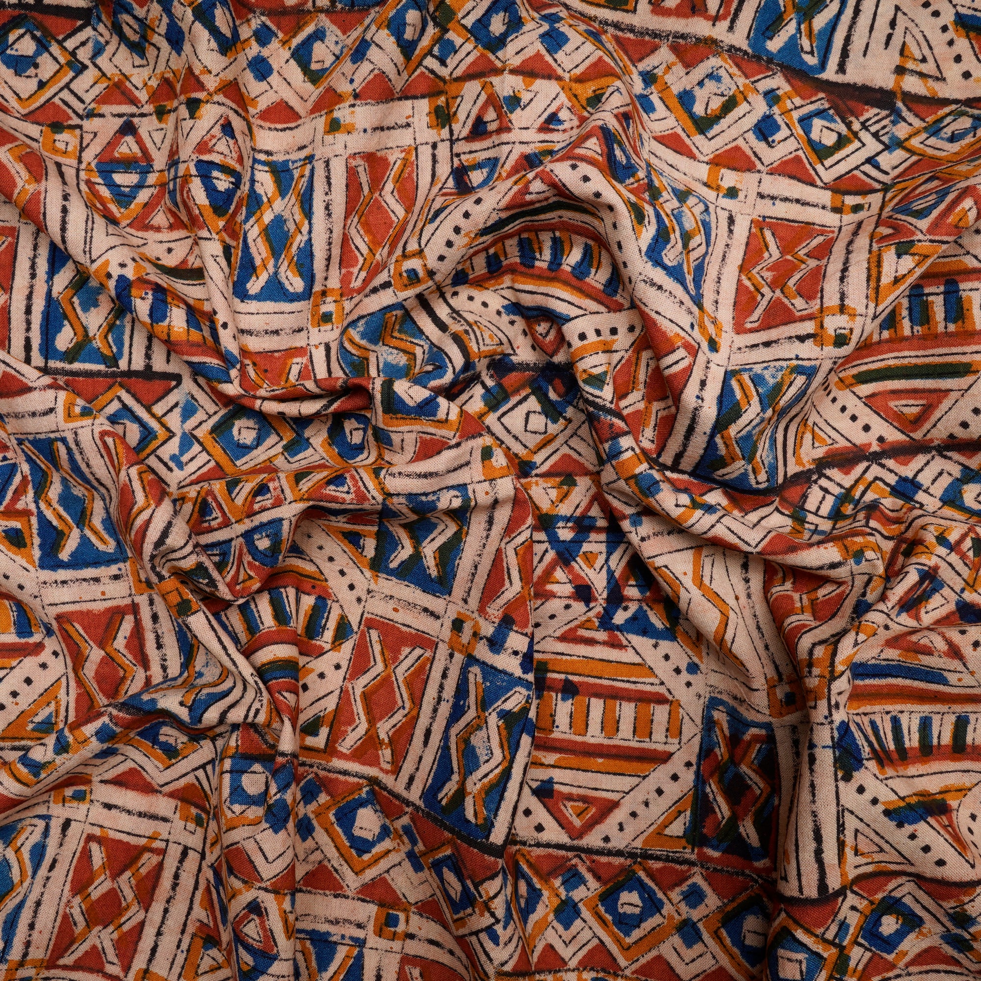 (Pre-Cut 2.50 Mtr)Multi Color Geometric Pattern Hand Block Kalamkari Printed Cotton Fabric