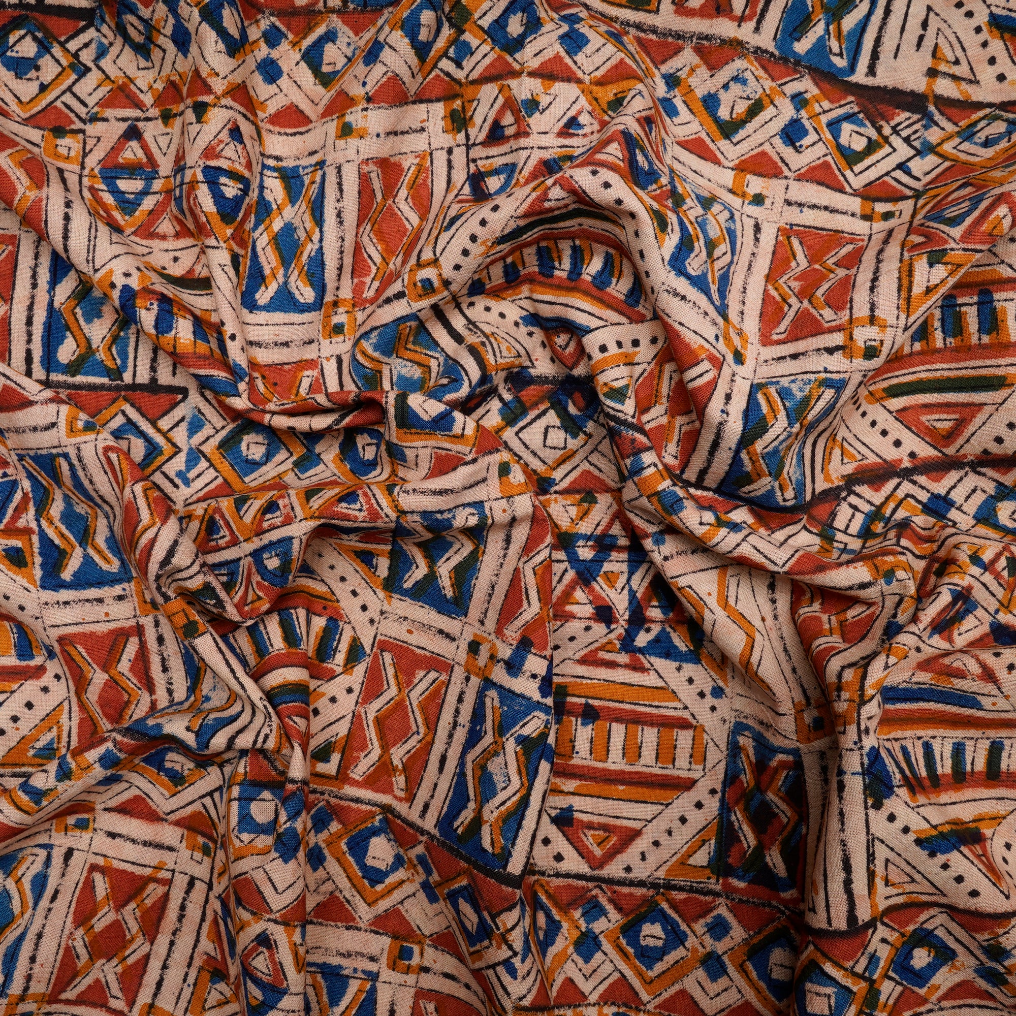 (Pre-Cut 2.60 Mtr)Multi Color Geometric Pattern Hand Block Kalamkari Printed Cotton Fabricprecuts&&2021