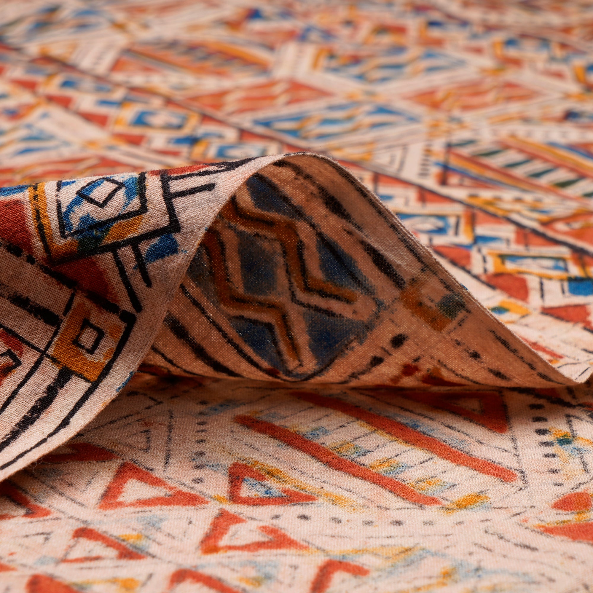 (Pre-Cut 2.60 Mtr)Multi Color Geometric Pattern Hand Block Kalamkari Printed Cotton Fabricprecuts&&2021