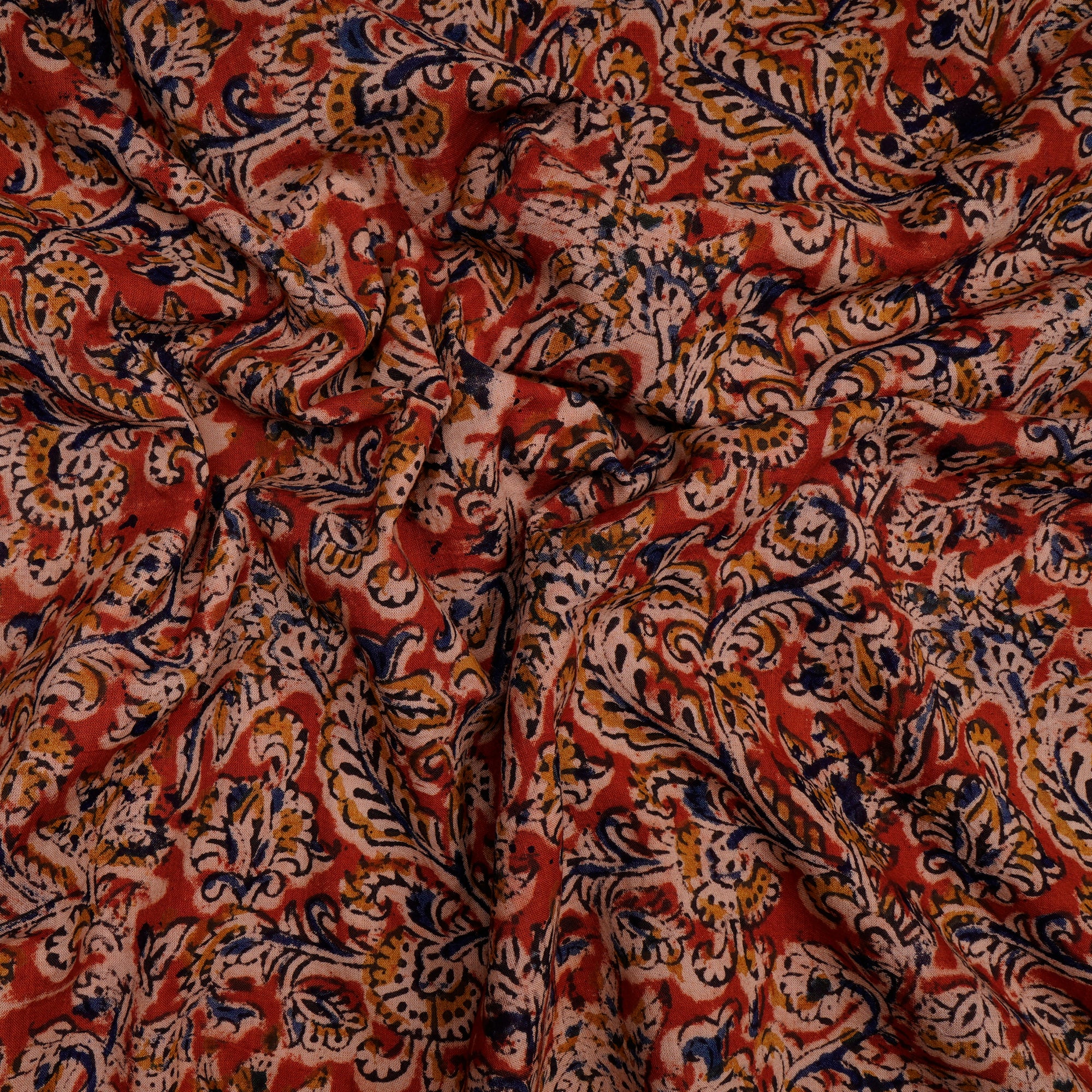 (Pre-Cut 3.00 Mtr)Multi Color Floral Pattern Hand Block Kalamkari Printed Cotton Fabric