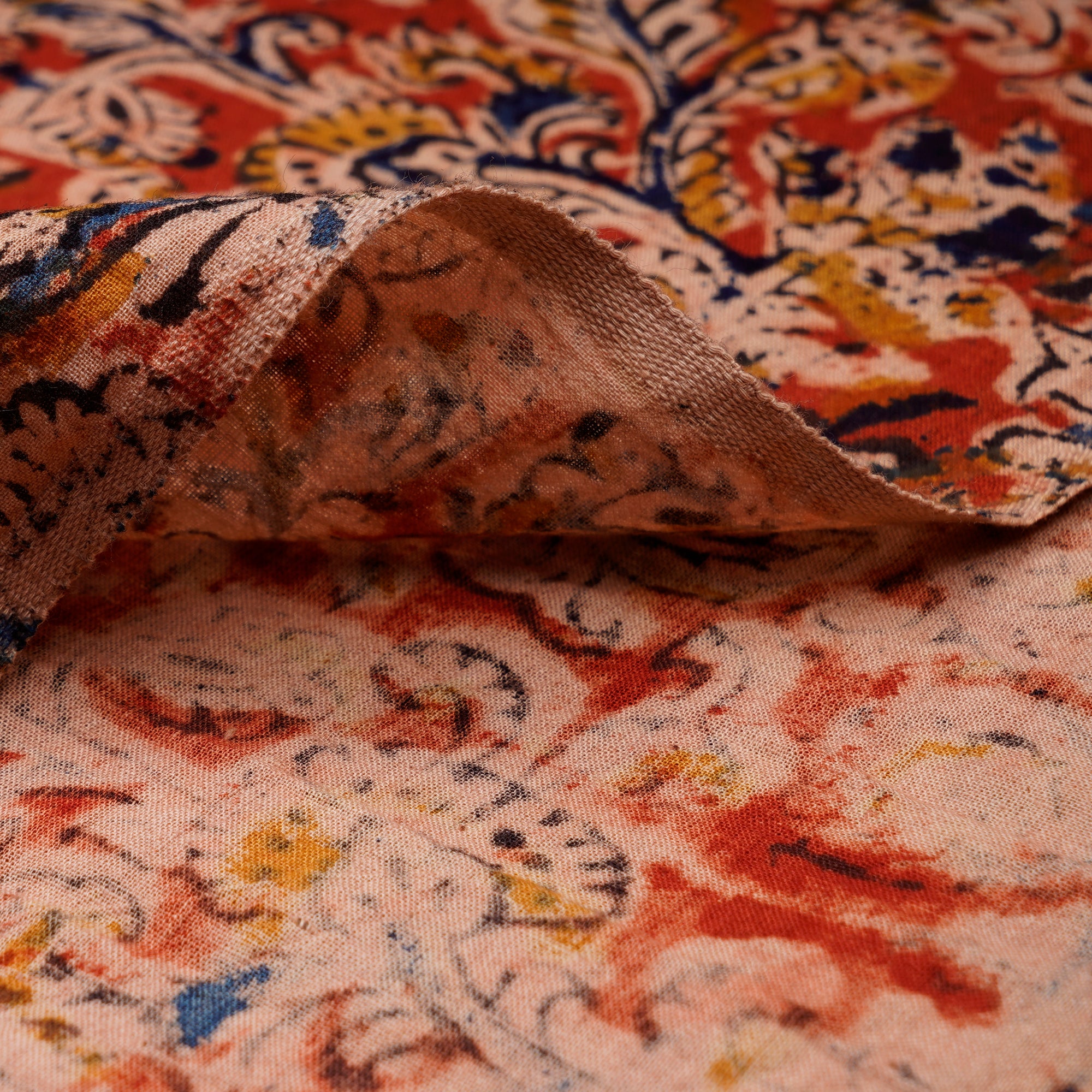 (Pre-Cut 3.00 Mtr)Multi Color Floral Pattern Hand Block Kalamkari Printed Cotton Fabric