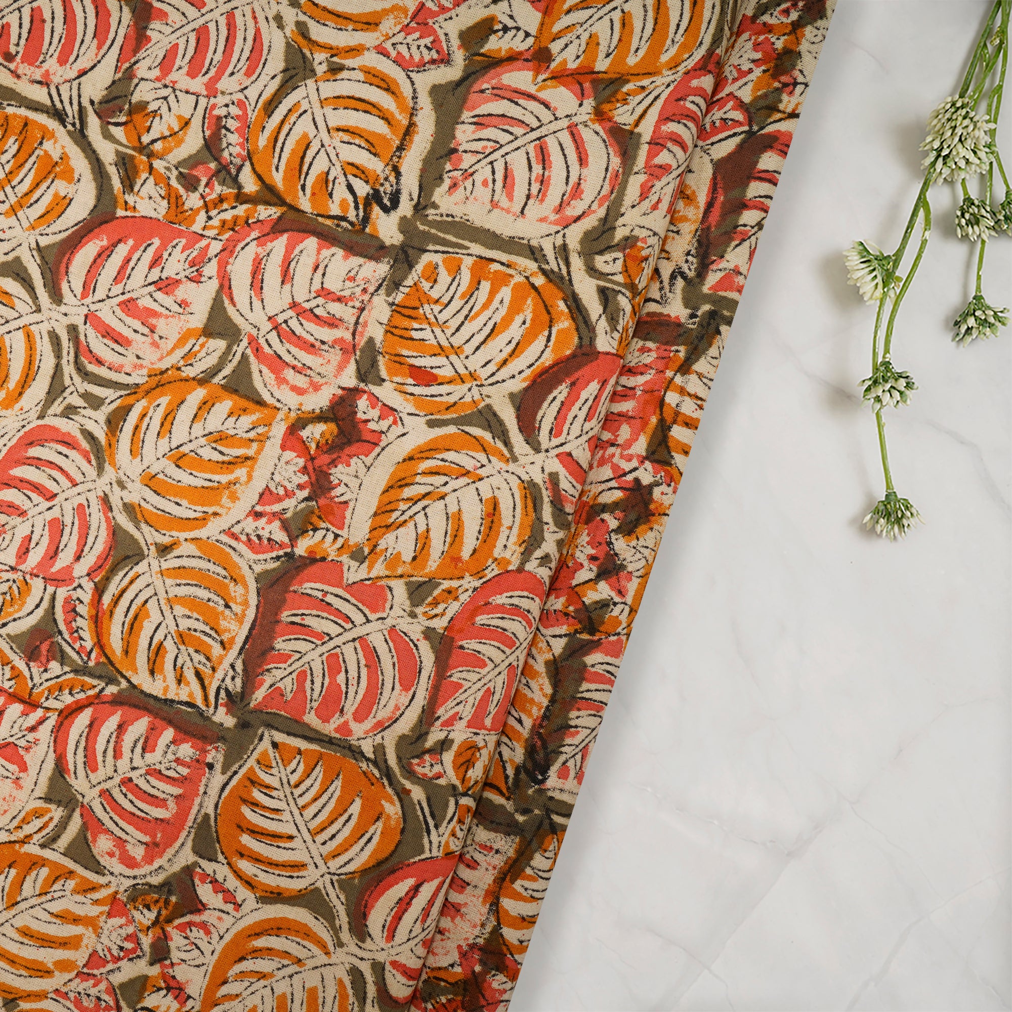 (Pre-Cut 3.00 Mtr)Multi Color Leaf Pattern Hand Block Kalamkari Printed Cotton Fabricprecuts&&2027
