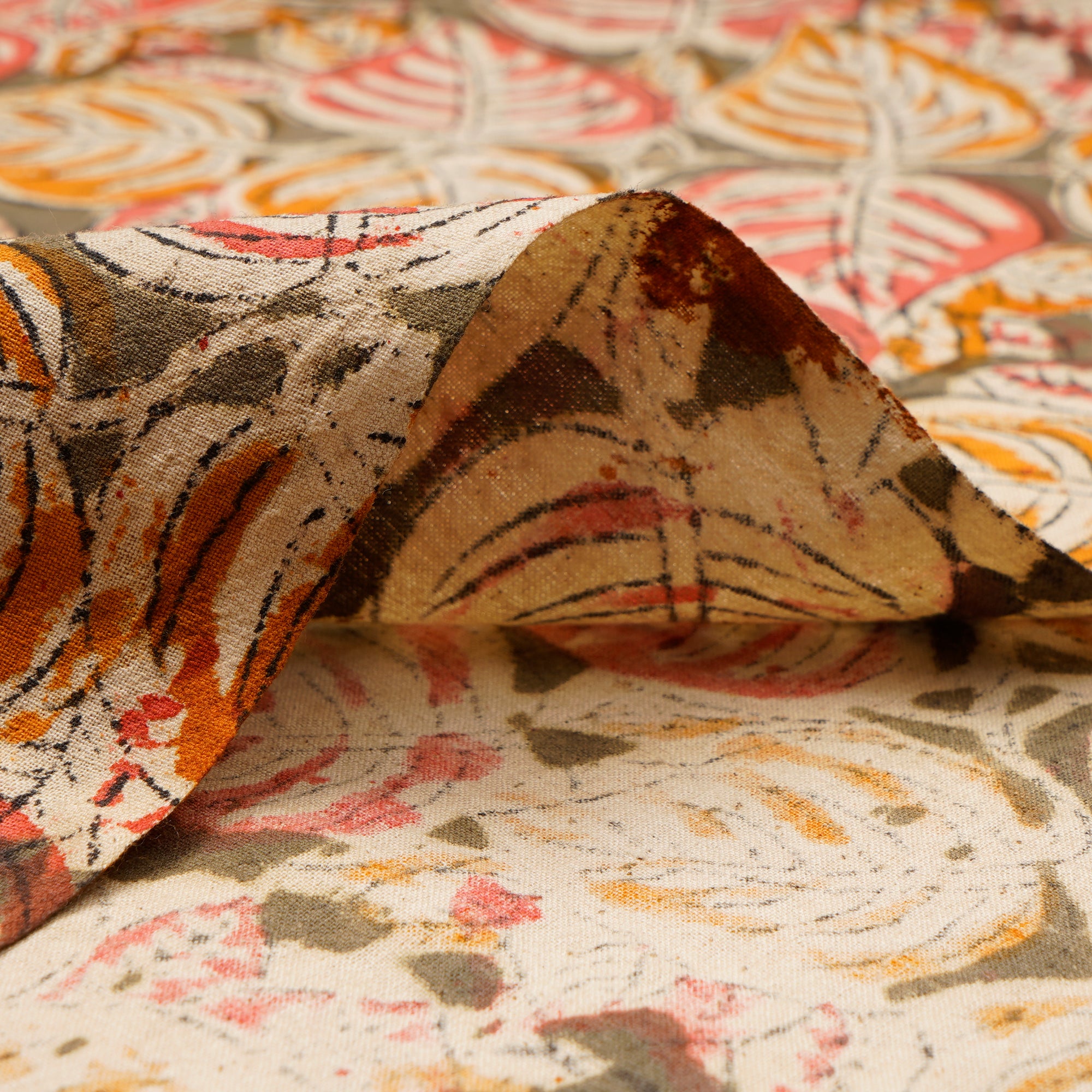 (Pre-Cut 3.00 Mtr)Multi Color Leaf Pattern Hand Block Kalamkari Printed Cotton Fabricprecuts&&2027