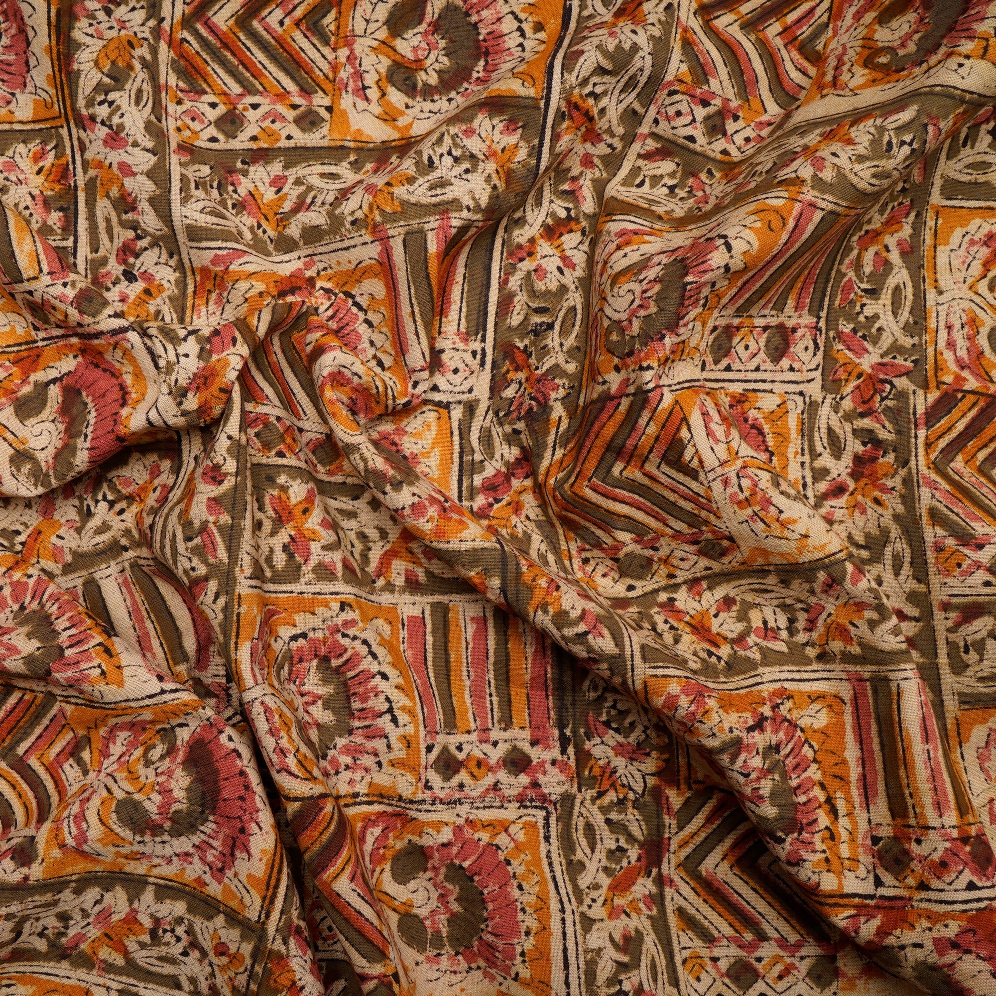 (Pre-Cut 3.40 Mtr)Multi Color Traditional Pattern Hand Block Kalamkari Printed Cotton Fabric