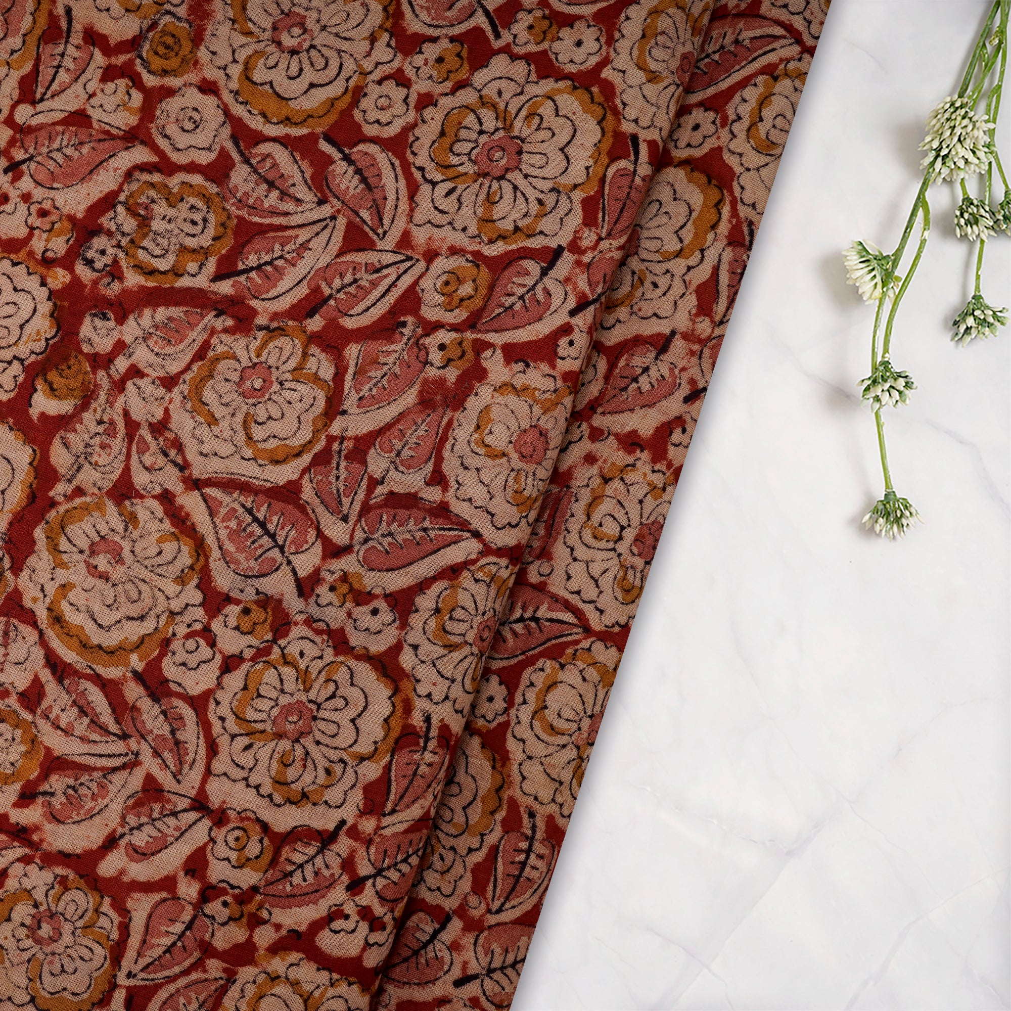 (Pre-Cut 3.90 Mtr)Multi Color Floral Pattern Hand Block Kalamkari Printed Cotton Fabric