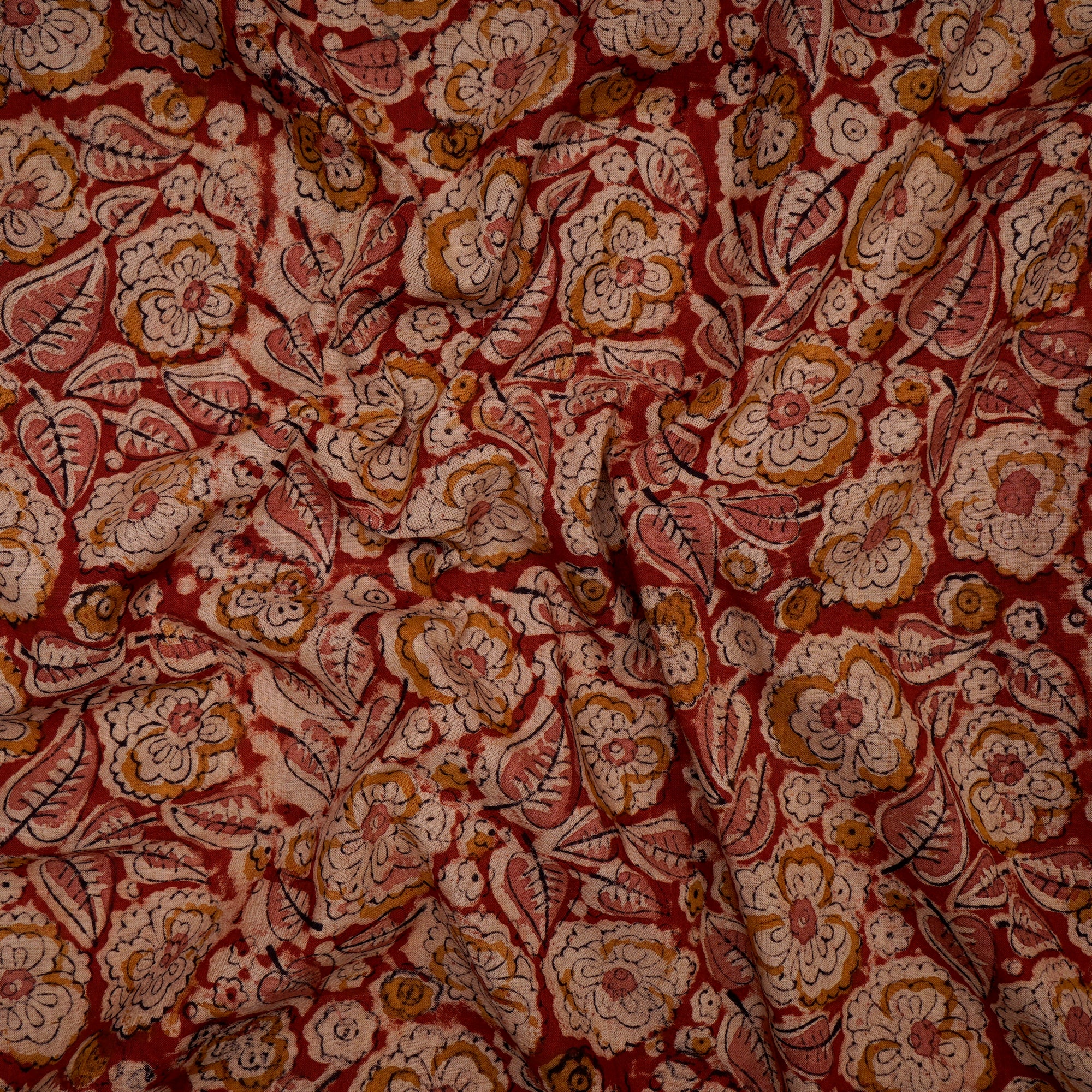 (Pre-Cut 3.90 Mtr)Multi Color Floral Pattern Hand Block Kalamkari Printed Cotton Fabric