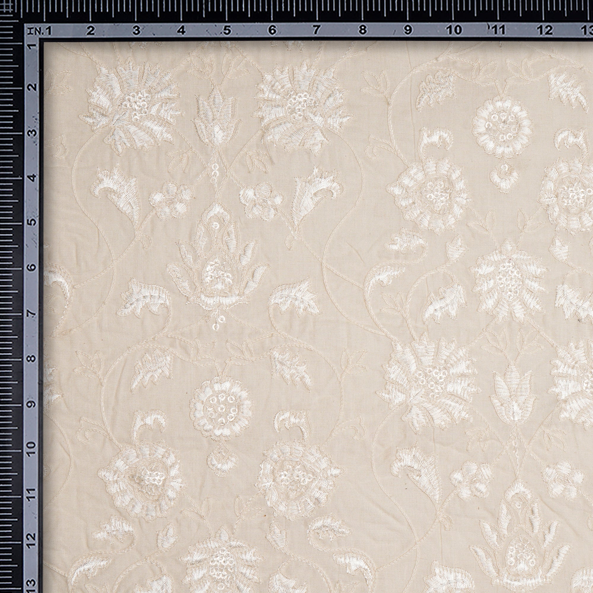 (Pre-Cut 1.00 Mtr)Off White Color Embroidered Cotton Fabric