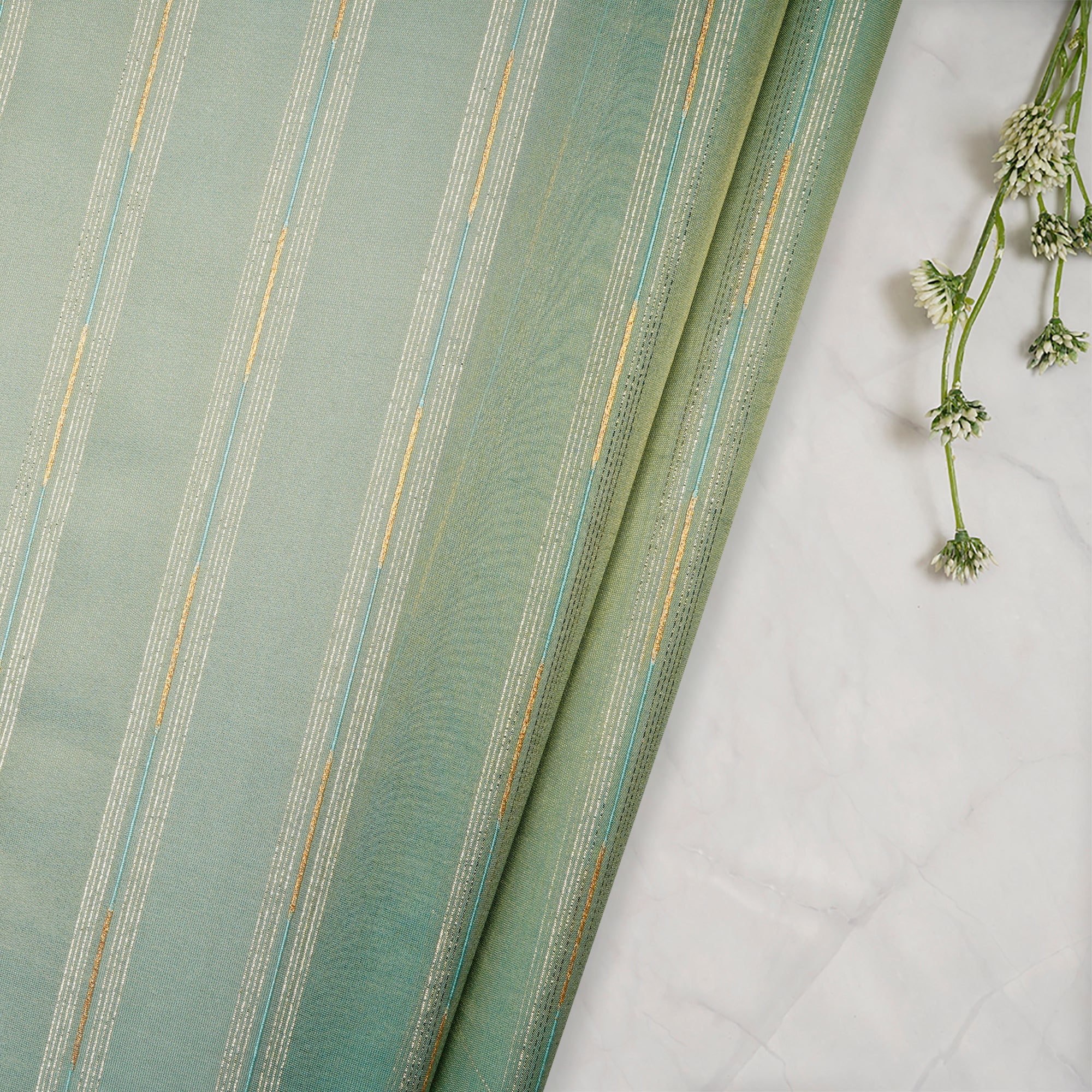 (Pre-Cut 1.05Mtr)Magic Mint Color Zari Striped Viscose Tissue Fabric