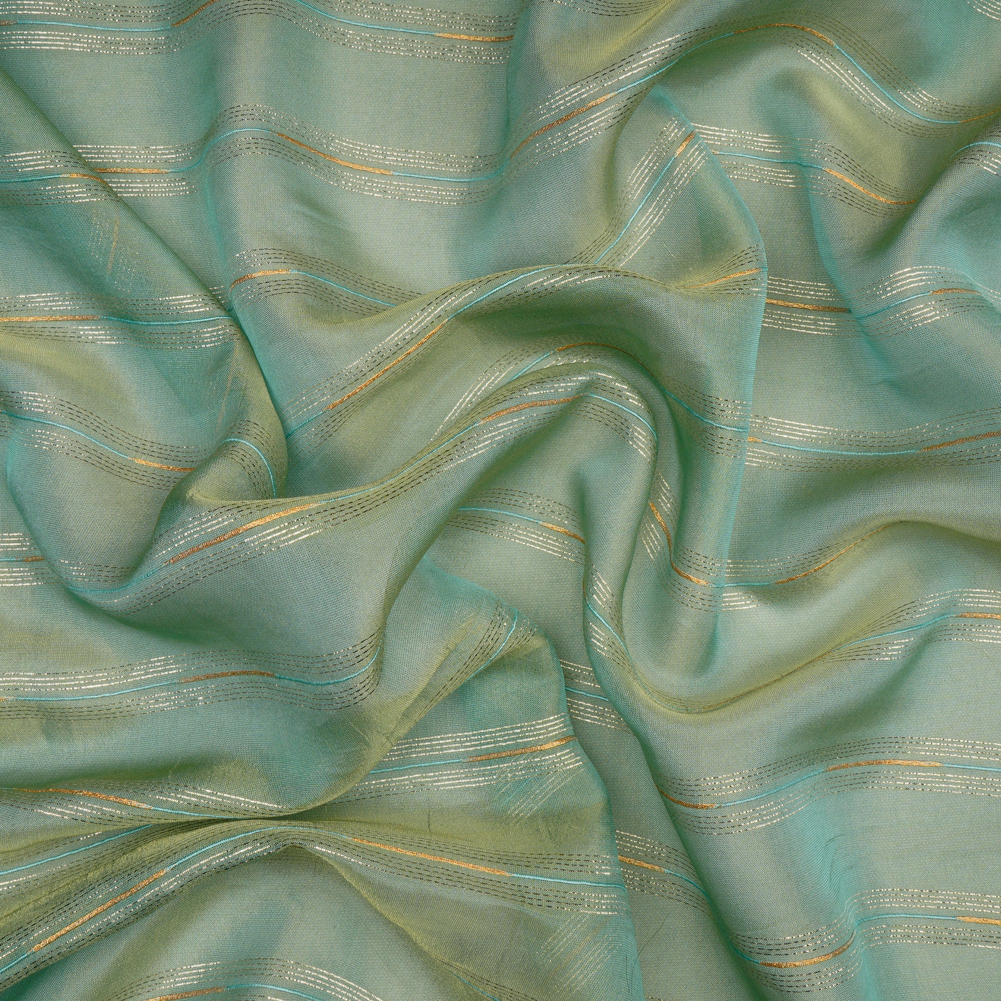 (Pre-Cut 1.05Mtr)Magic Mint Color Zari Striped Viscose Tissue Fabric