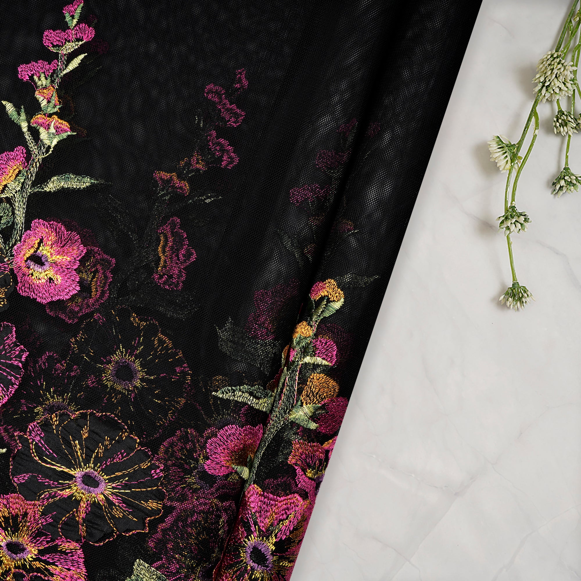 (Pre-Cut 2.50 Mtr)Black Floral Pattern Embroidered Nylon Net Fabric