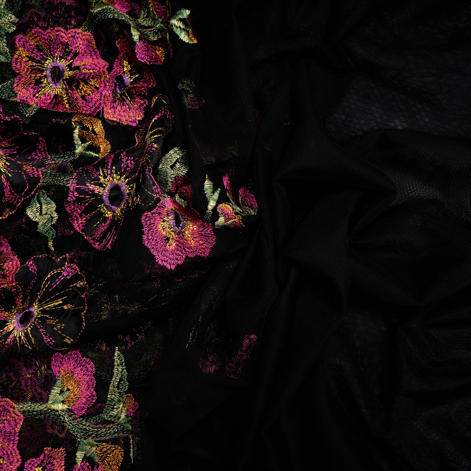 (Pre-Cut 2.50 Mtr)Black Floral Pattern Embroidered Nylon Net Fabric