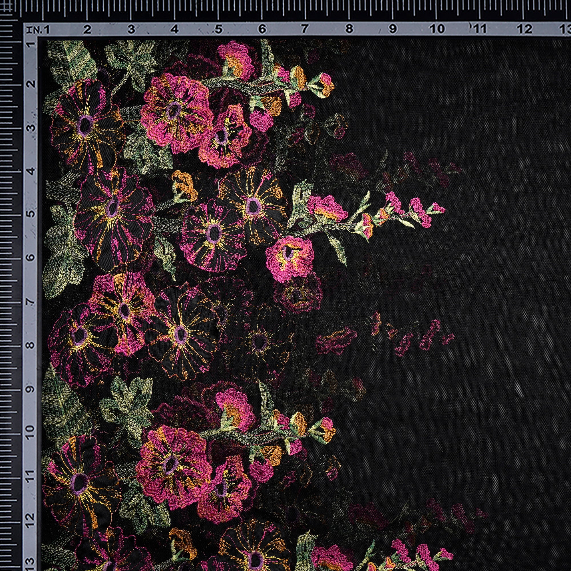 (Pre-Cut 2.50 Mtr)Black Floral Pattern Embroidered Nylon Net Fabric