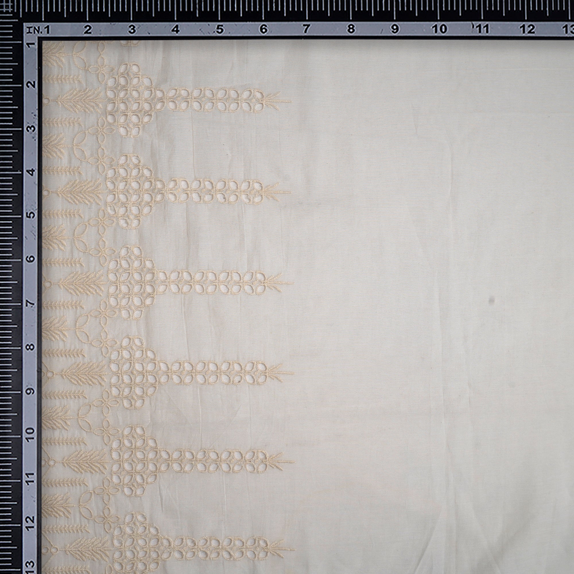 (Pre-Cut 1.00 Mtr)Off-White Schiffli Pattern Thread Embroidered Fine Chanderi Fabric