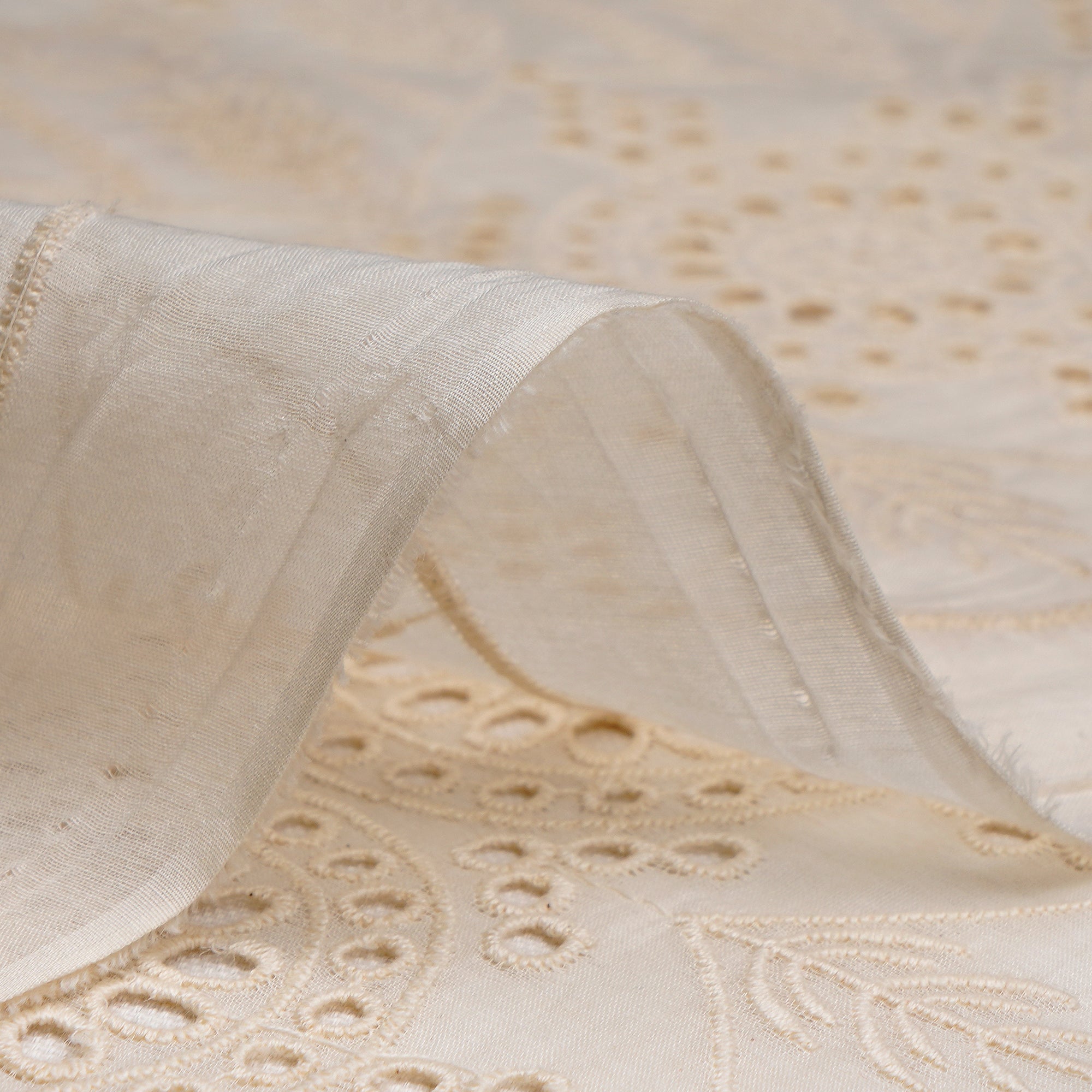(Pre-Cut 1.00 Mtr)Off-White Schiffli Pattern Thread Embroidered Fine Chanderi Fabric