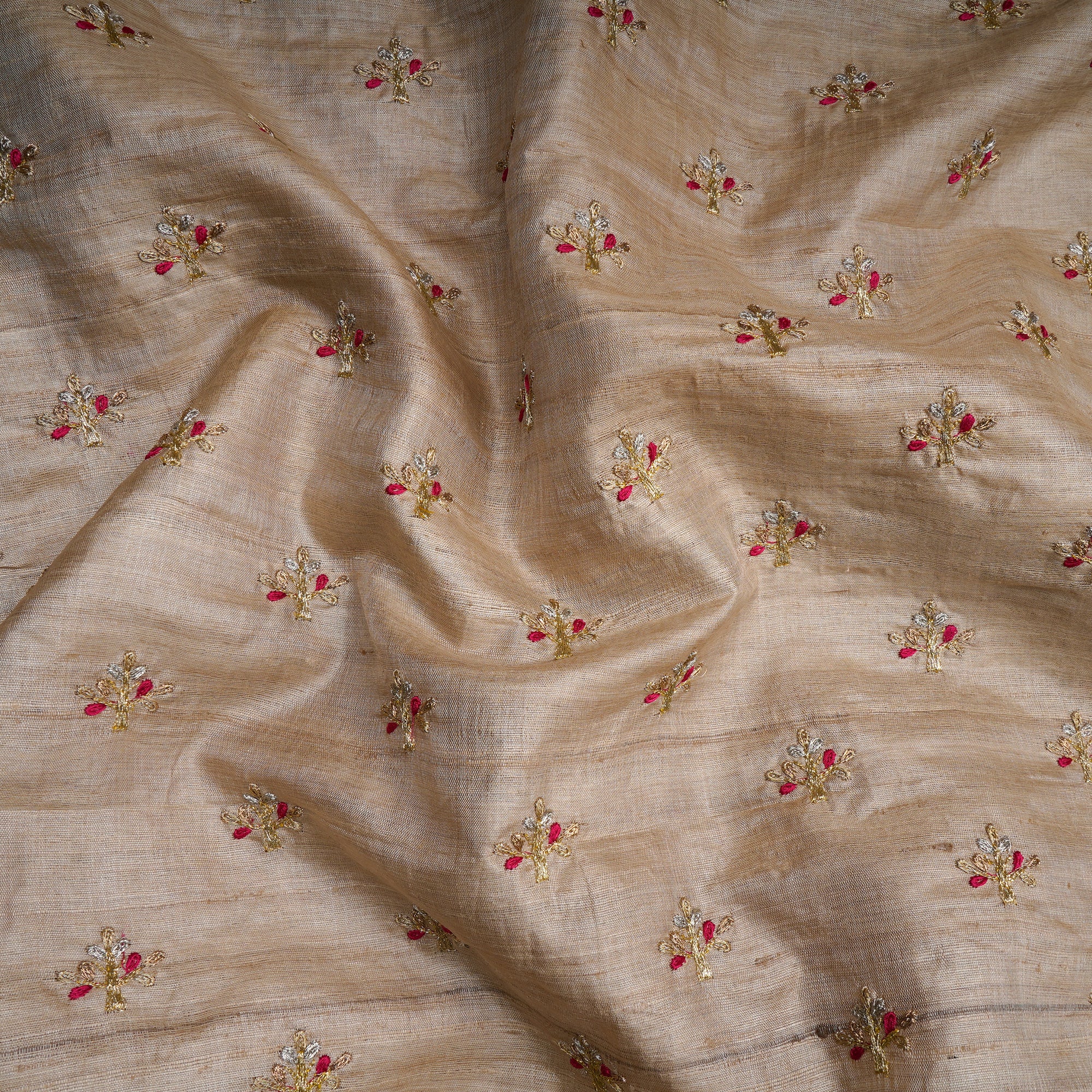 (Pre-Cut 2.50 Mtr) Beige Motif Pattern Thread Embroidered Silk Fabric