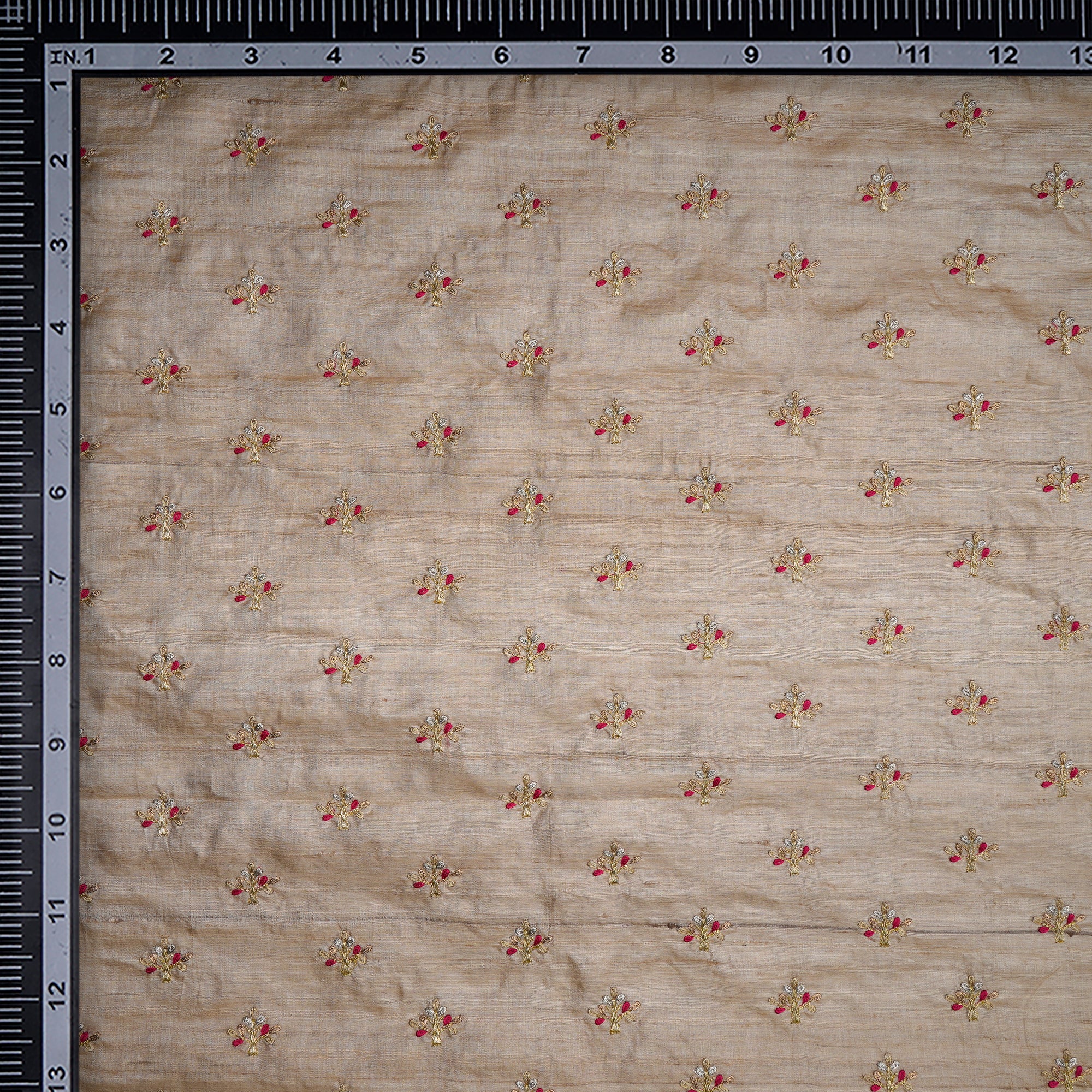 (Pre-Cut 2.50 Mtr) Beige Motif Pattern Thread Embroidered Silk Fabric