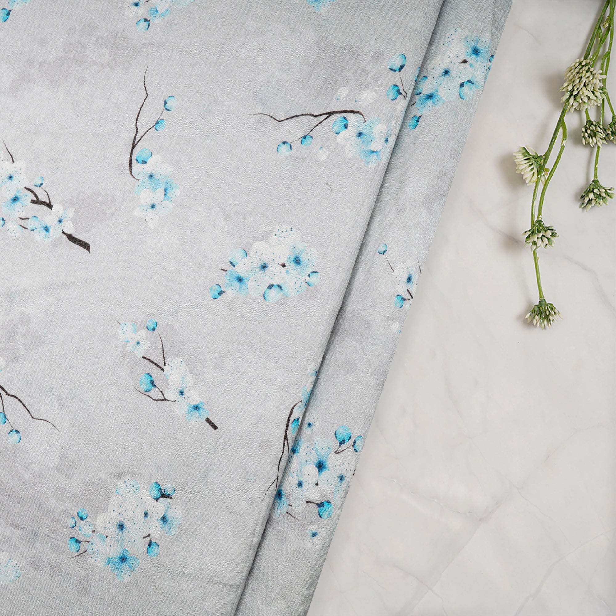 (Pre-Cut 2.70 Mtr)Sky Blue Floral Pattern Digital Print Chanderi Fabric