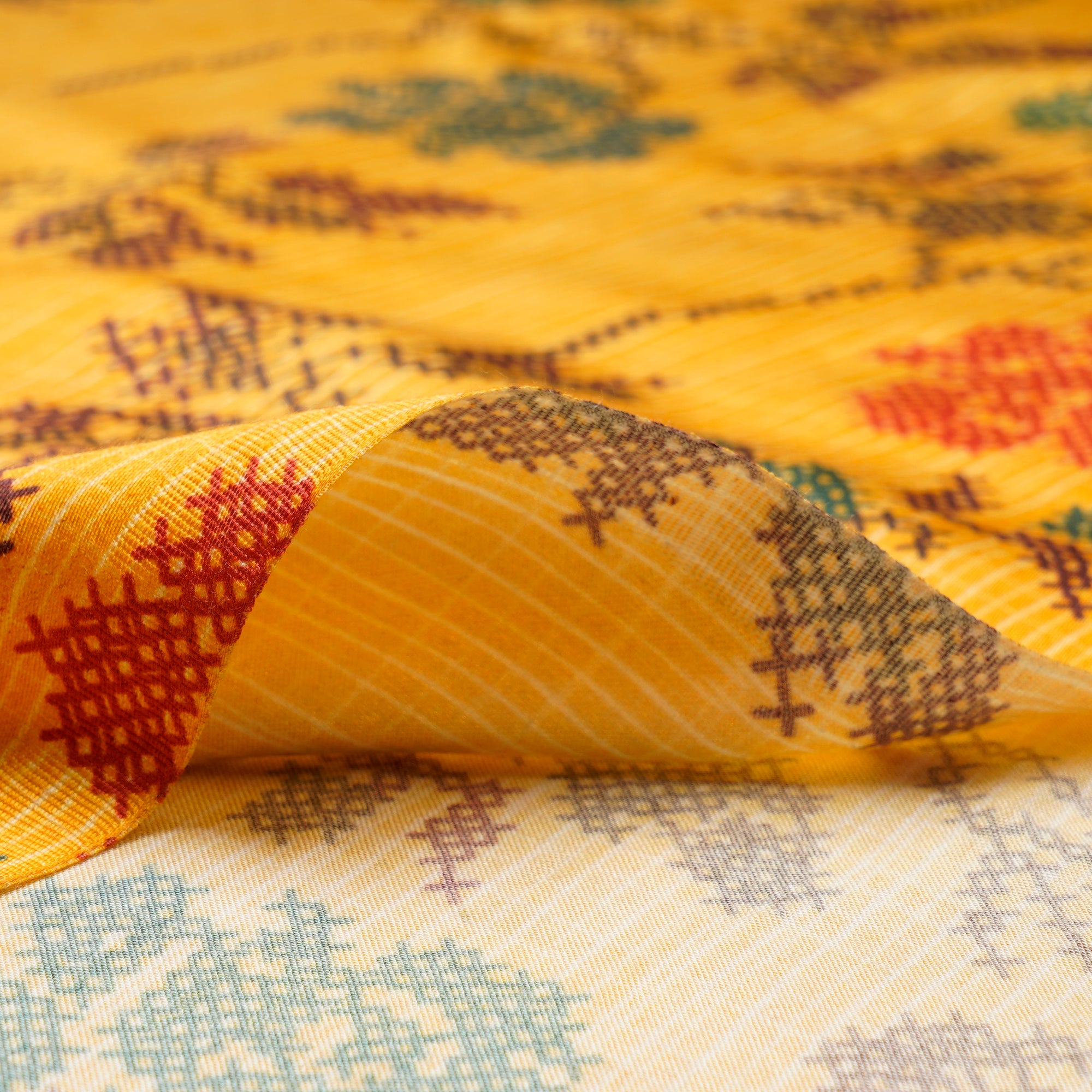 (Pre Cut 1 Mtr ) Yellow color Digital Printed Viscose Modal Satin Fabric
