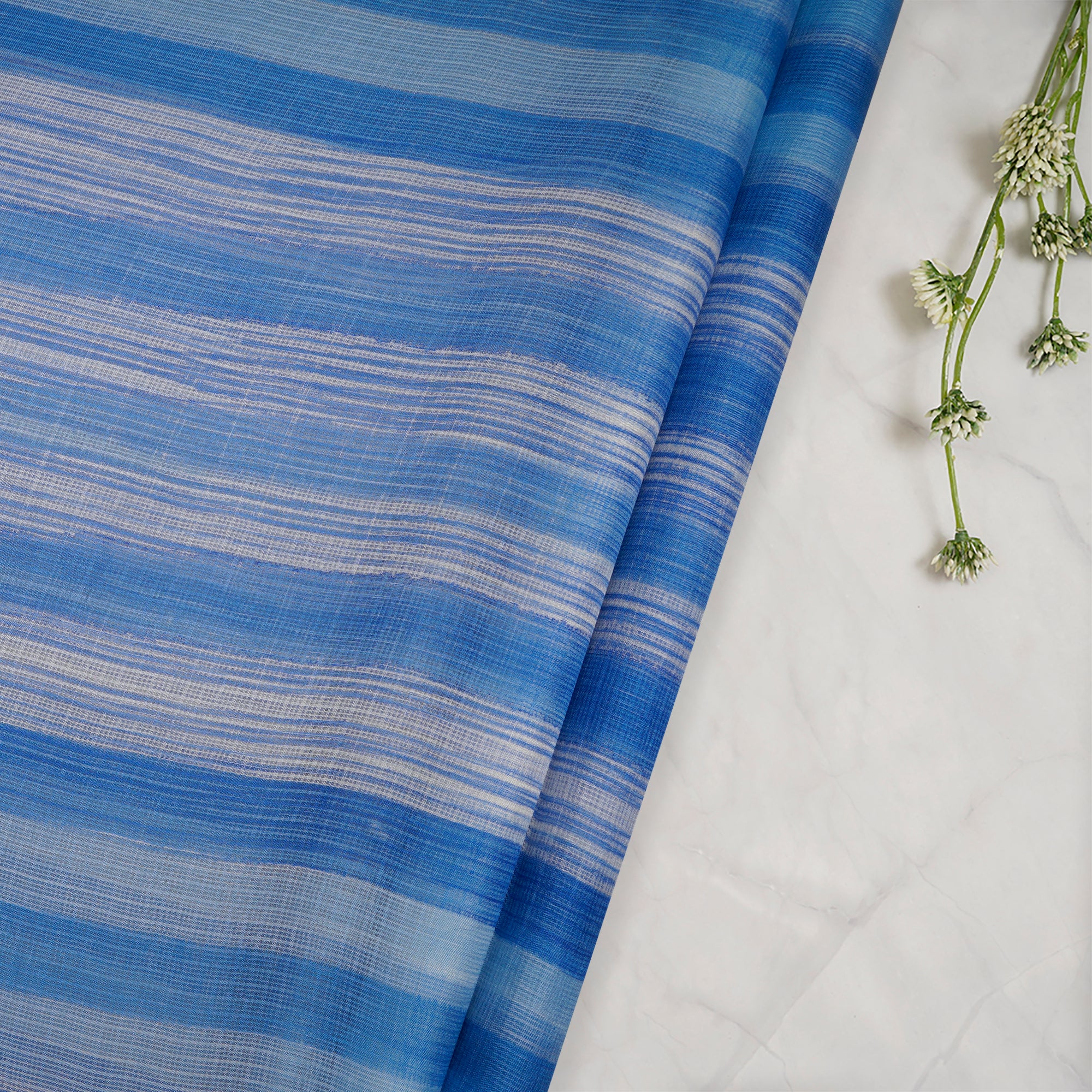 (Pre-Cut 2.25 Mtr)Blue Stripe Pattern Screen Printed Kota Silk Fabric