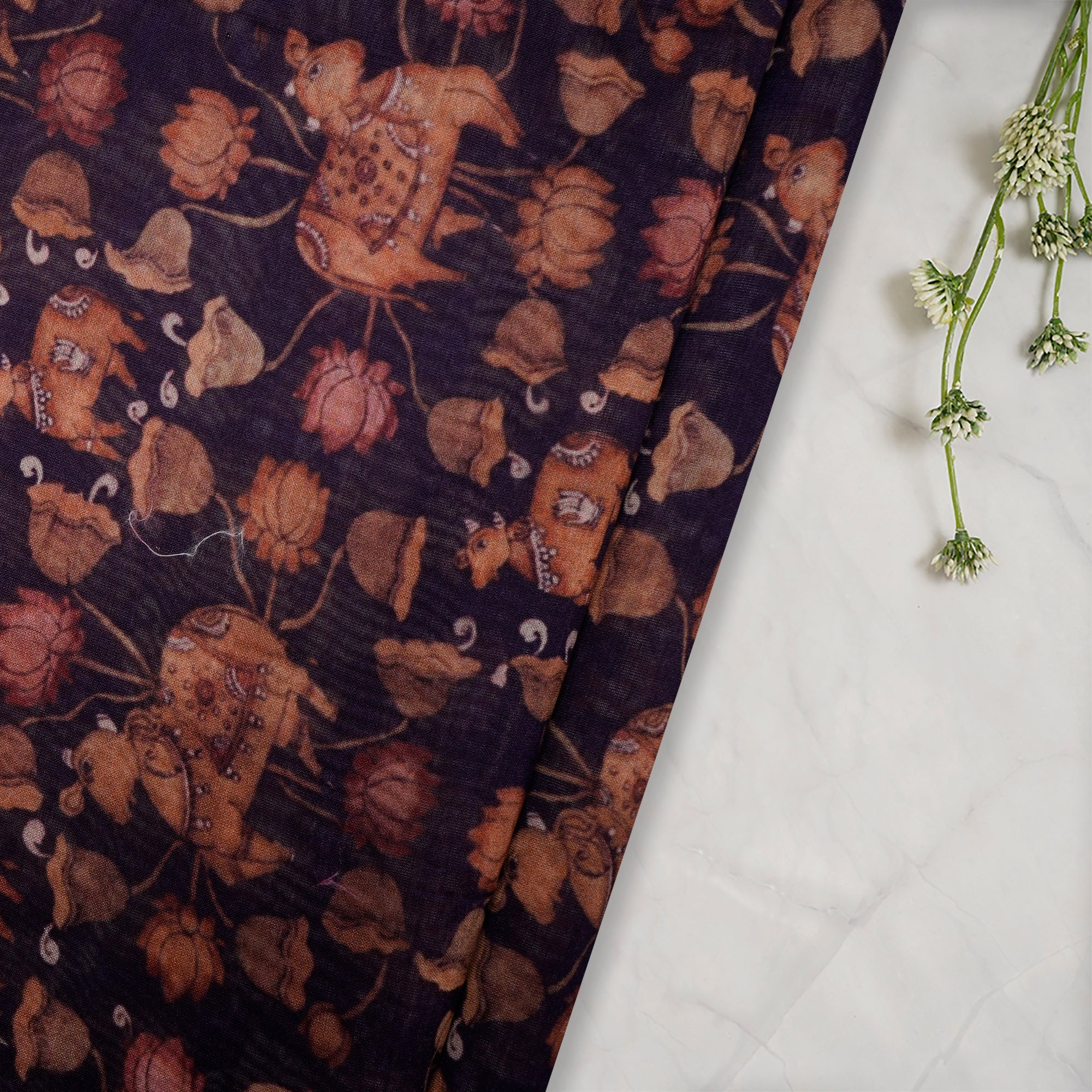 (Pre-Cut 2.25 Mtr)Purple Traditional Pattern Digital Printed Chanderi Fabric