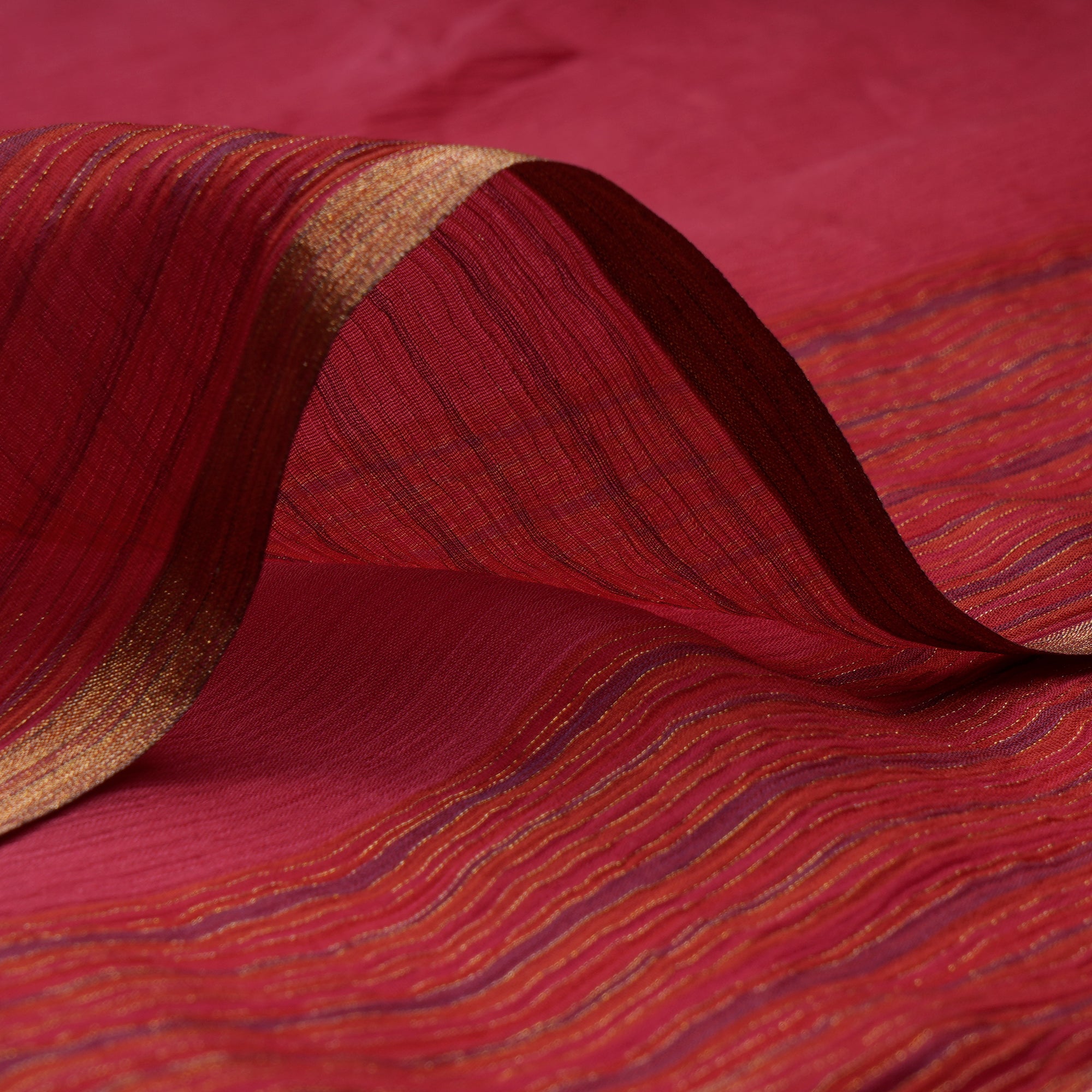 (Pre-Cut 2.50 Mtr)Deep Carmine Chiffon Silk Fabric with Zari Border
