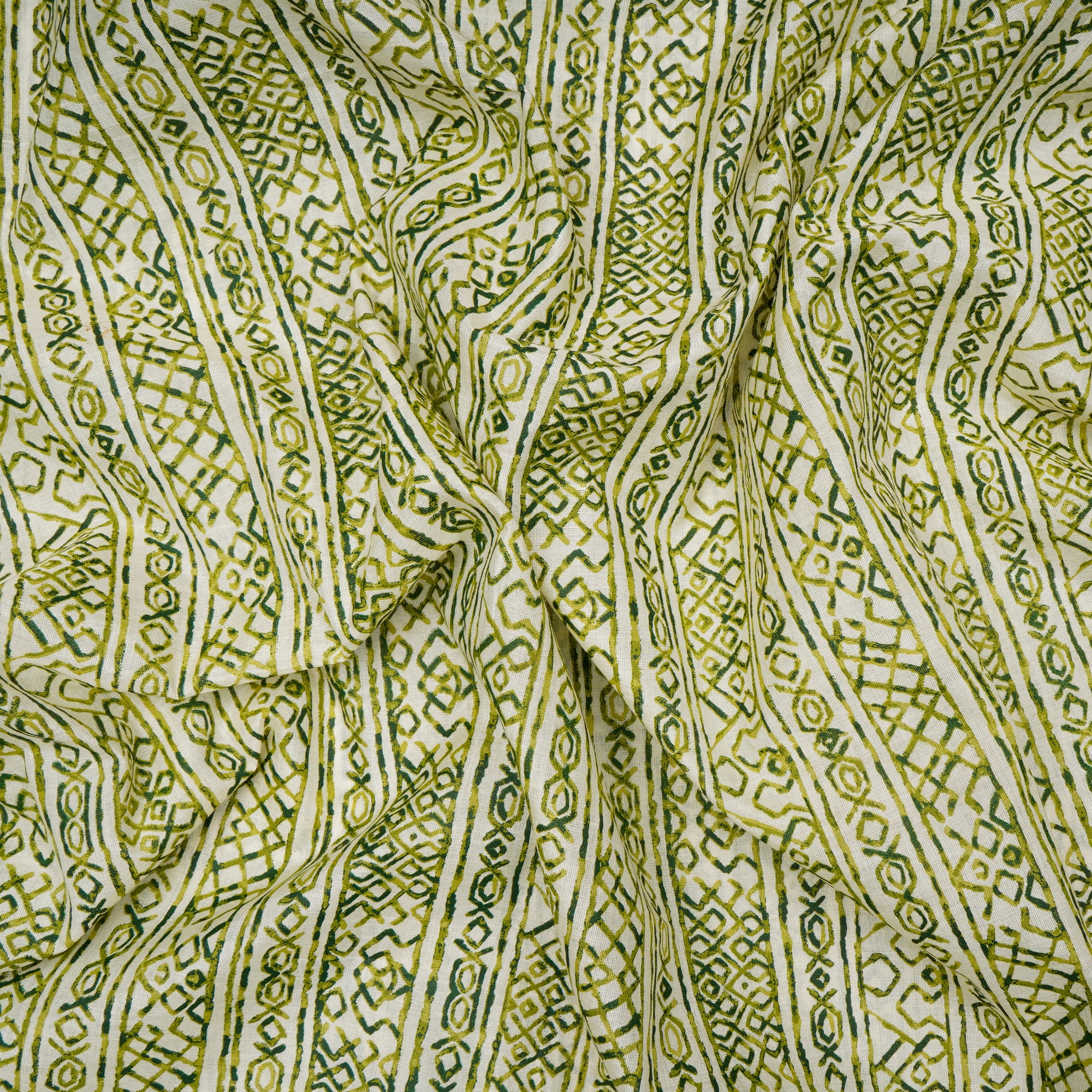 (Pre-Cut 2.90 Mtr)Off-White And Green Color Screen Print Tussar Chanderi Fabric