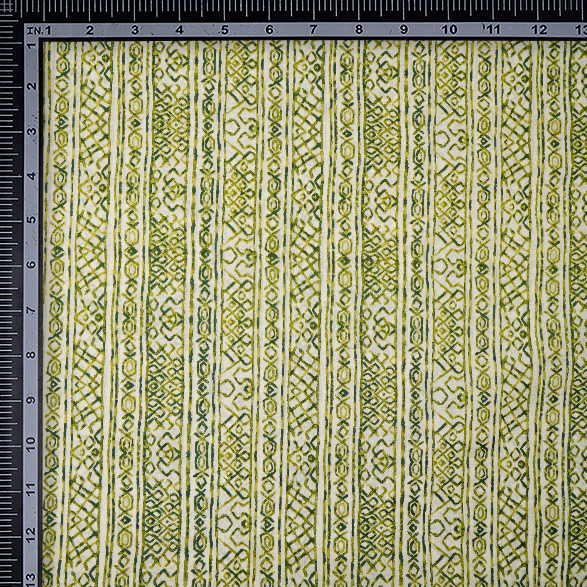 (Pre-Cut 2.90 Mtr)Off-White And Green Color Screen Print Tussar Chanderi Fabric