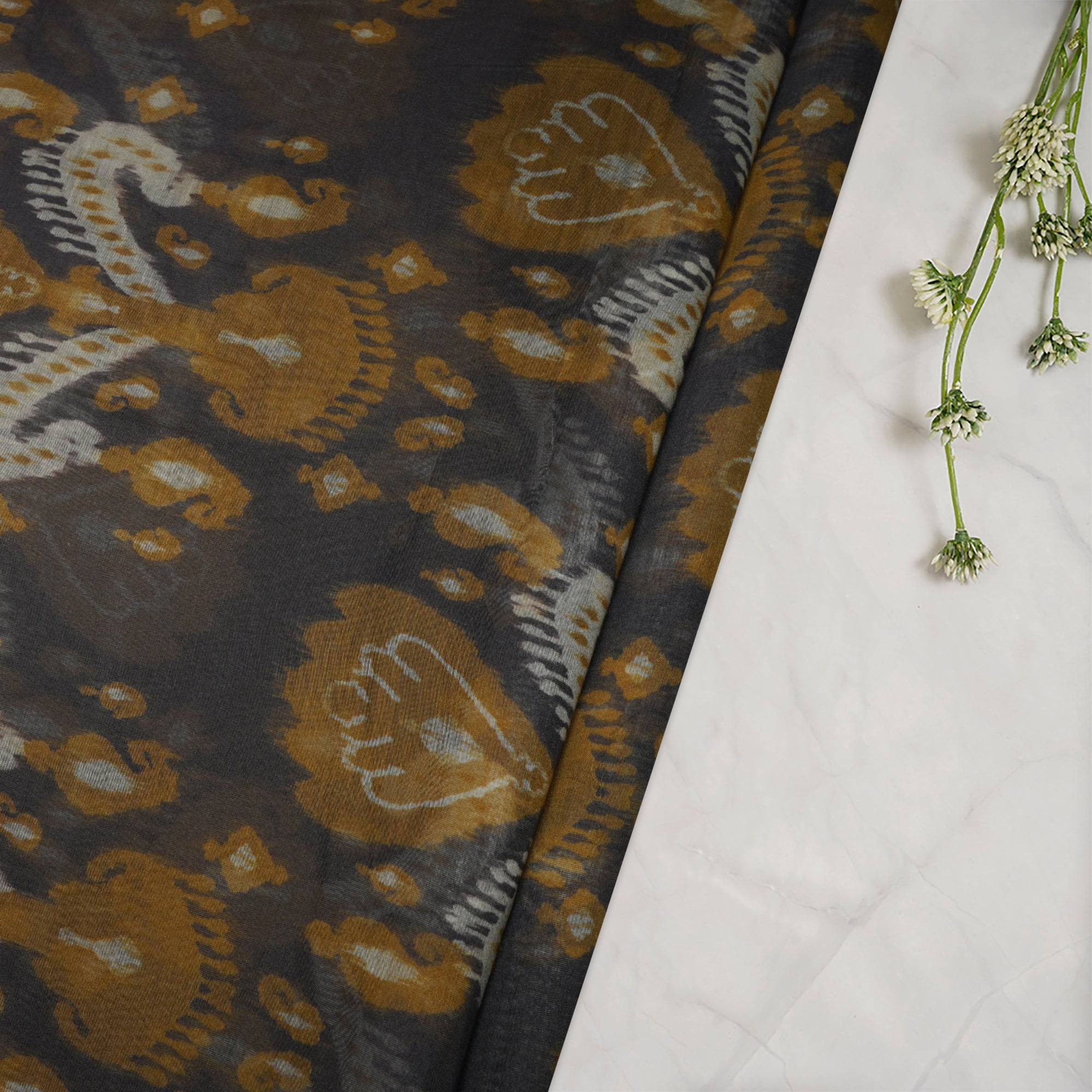 (Pre-Cut 1.90 Mtr)Grey Ikat Pattern Digital Print Fine Mul Chanderi Fabric