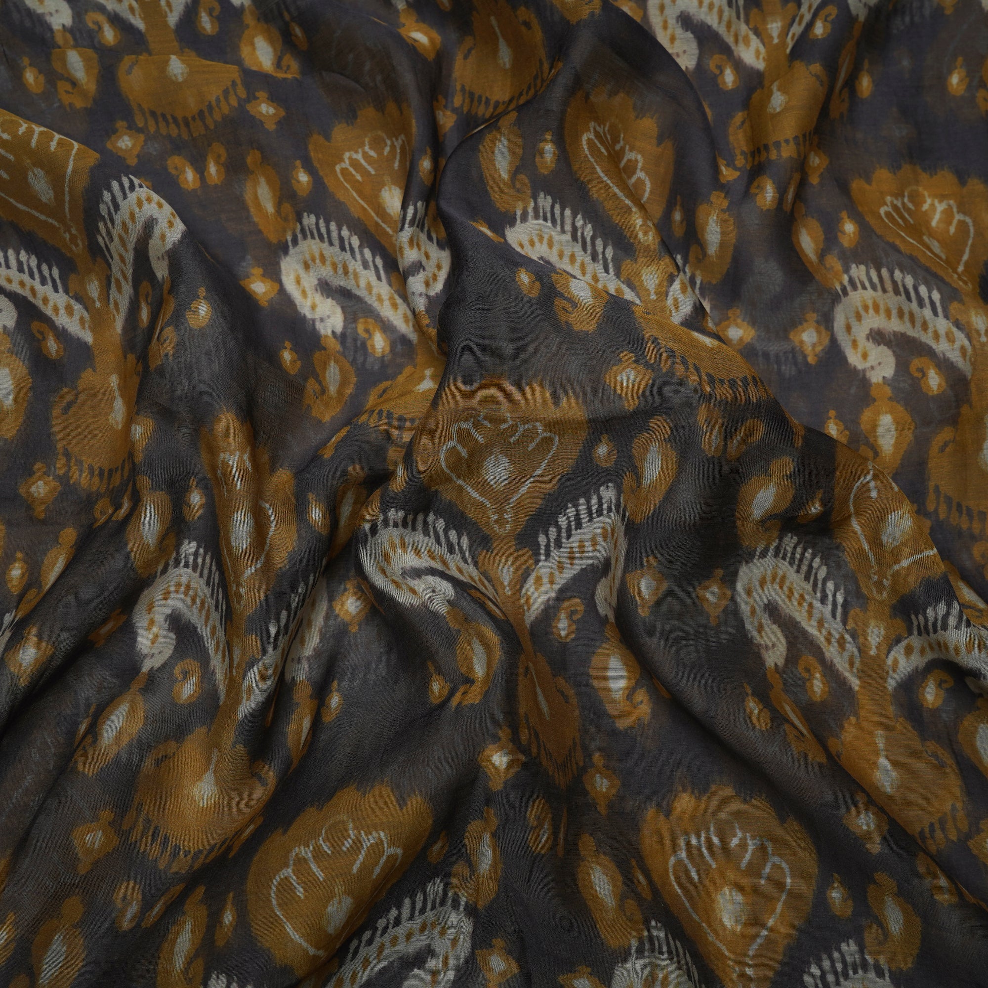 (Pre-Cut 1.90 Mtr)Grey Ikat Pattern Digital Print Fine Mul Chanderi Fabric