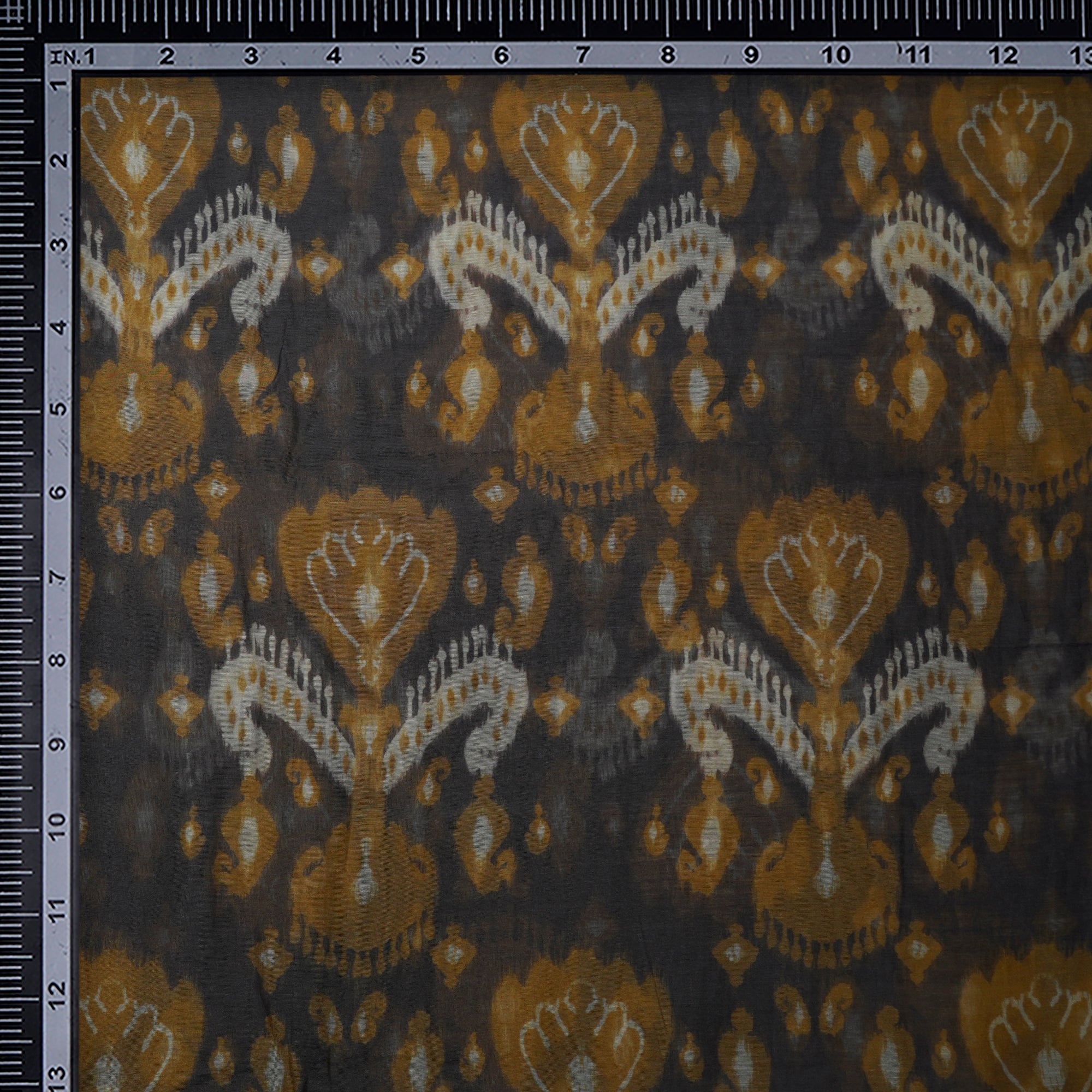 (Pre-Cut 1.90 Mtr)Grey Ikat Pattern Digital Print Fine Mul Chanderi Fabric