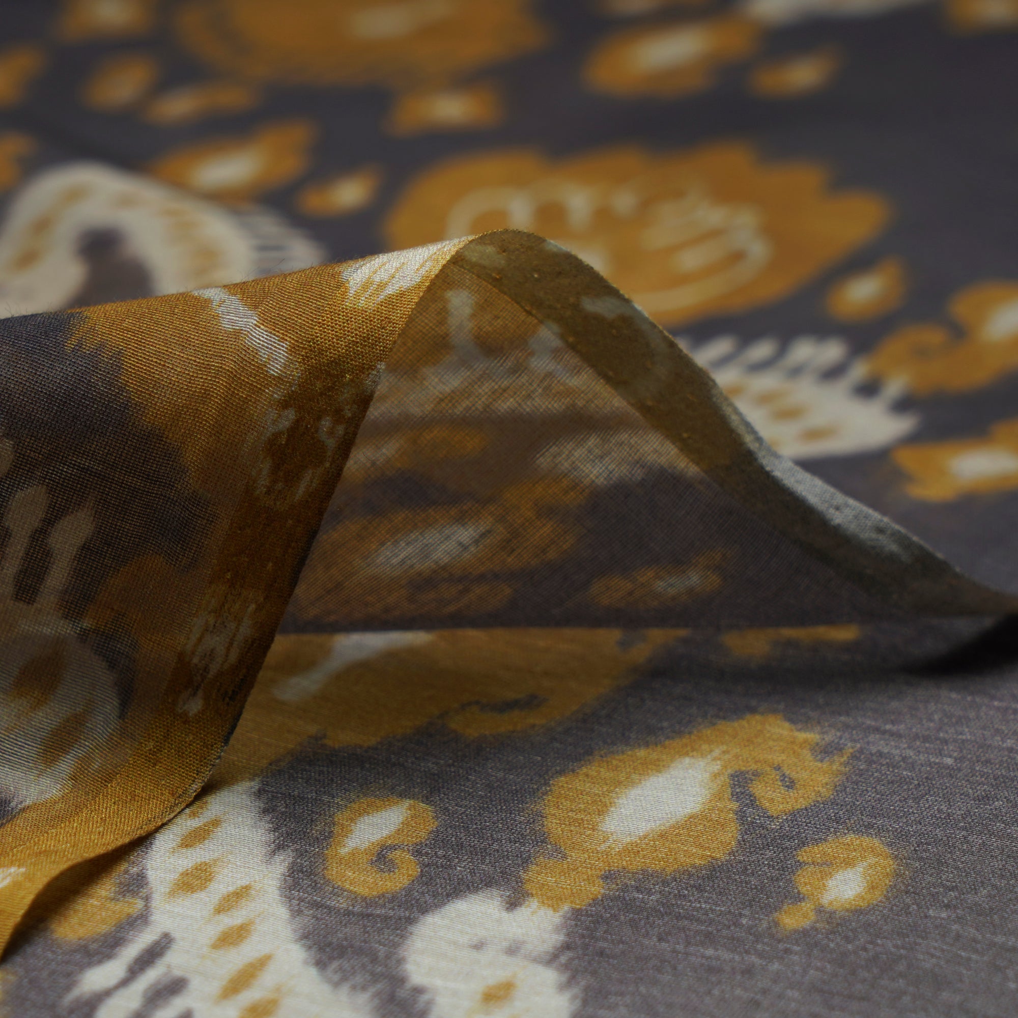 (Pre-Cut 1.90 Mtr)Grey Ikat Pattern Digital Print Fine Mul Chanderi Fabric